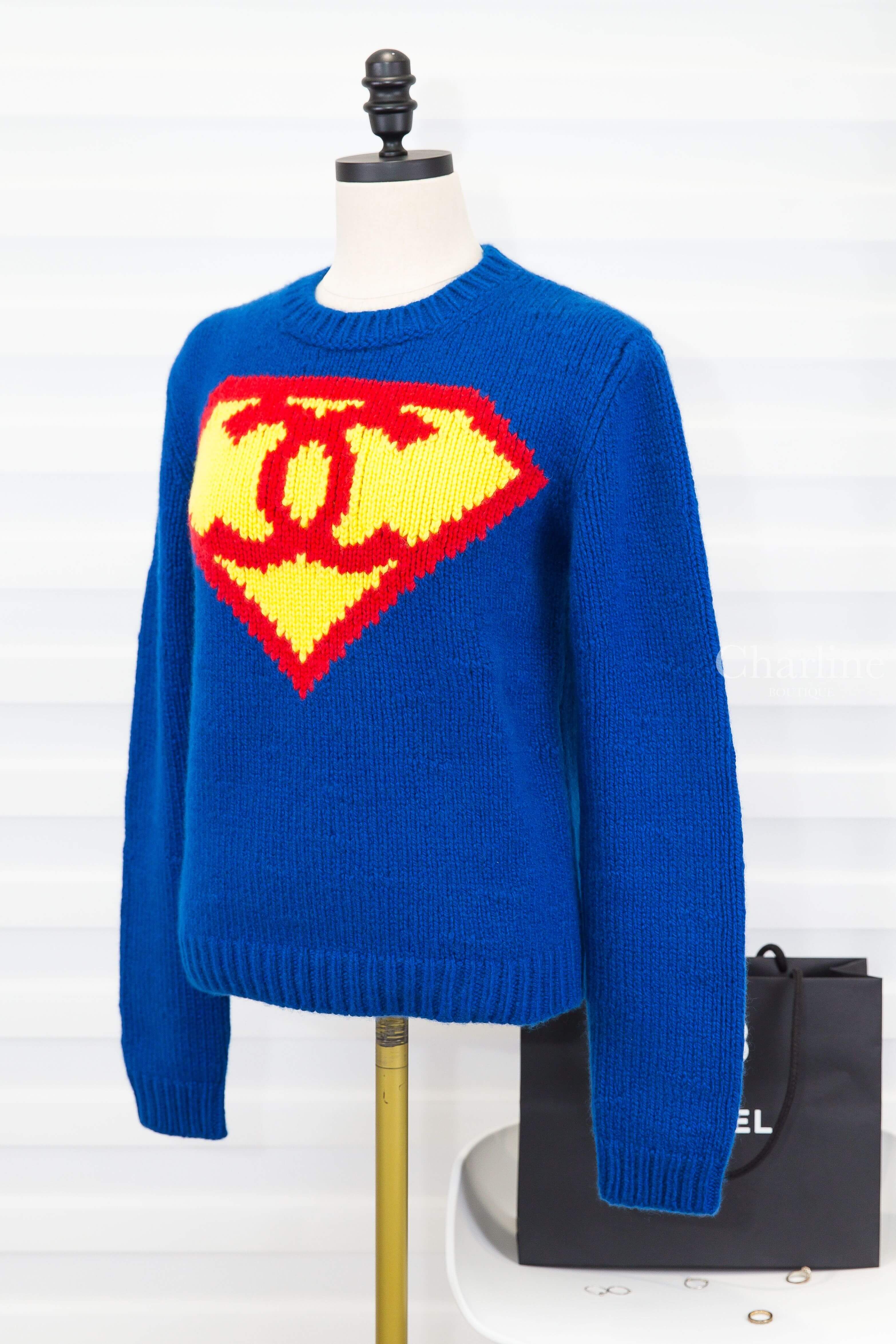 Chanel Sweater 藍色針織黃底紅CC超人標誌喀什米爾長袖毛衣-Charline Boutique 精品代購