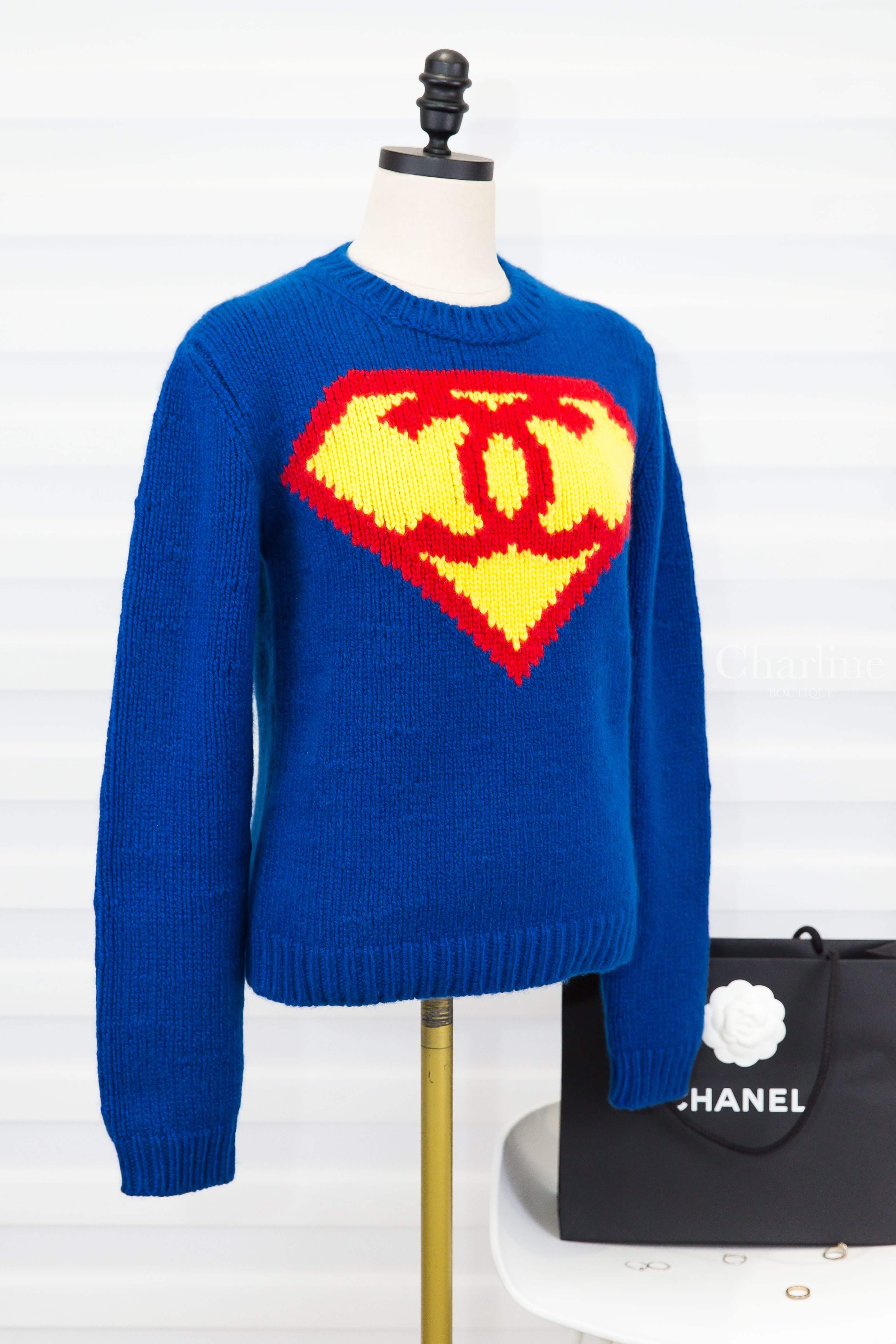 Chanel Sweater 藍色針織黃底紅CC超人標誌喀什米爾長袖毛衣-Charline Boutique 精品代購