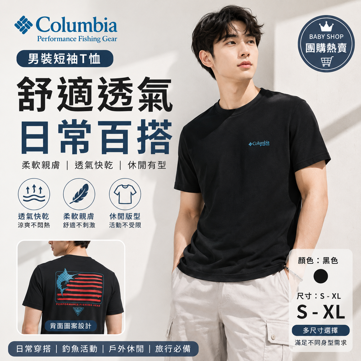 【預購】COLUMBIA H061045 前後 Logo 男裝短袖上衣 (黑色)