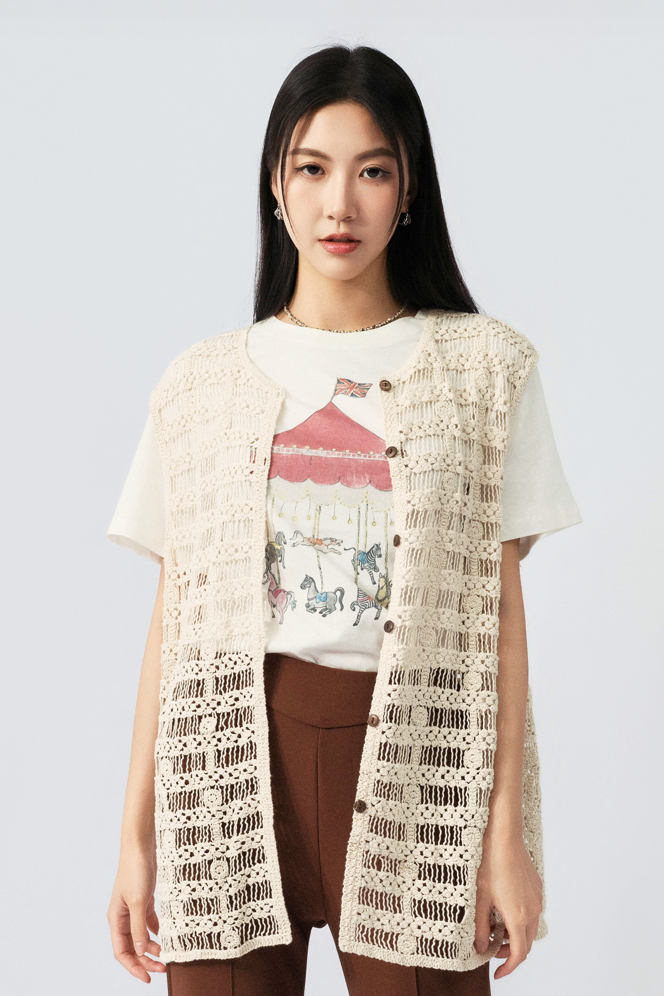 格紋鈎花長背心外套 (預購產品）