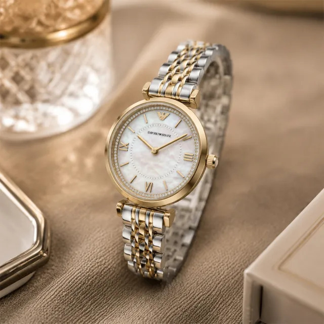 【Armani 亞曼尼】AR80086SET 氣質 復古 銀金 貝殼面 不鏽鋼 石英 女錶 禮盒