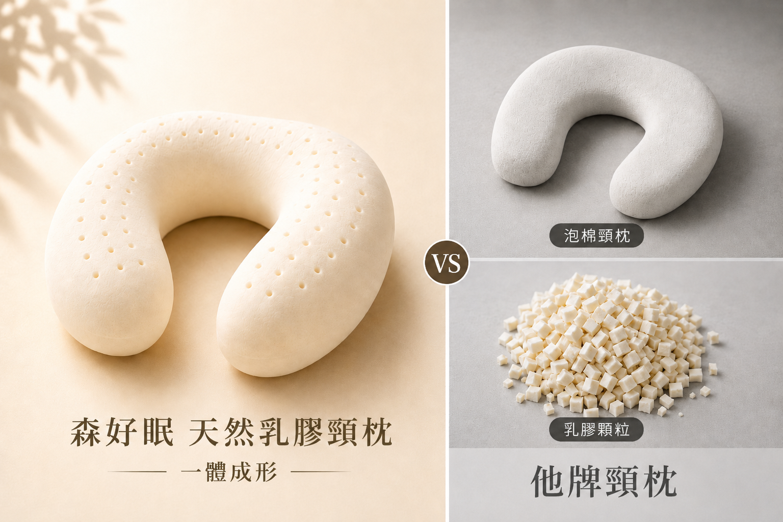 左為整塊一體成形天然乳膠,右為鬆散的乳膠顆粒微粒填充對比