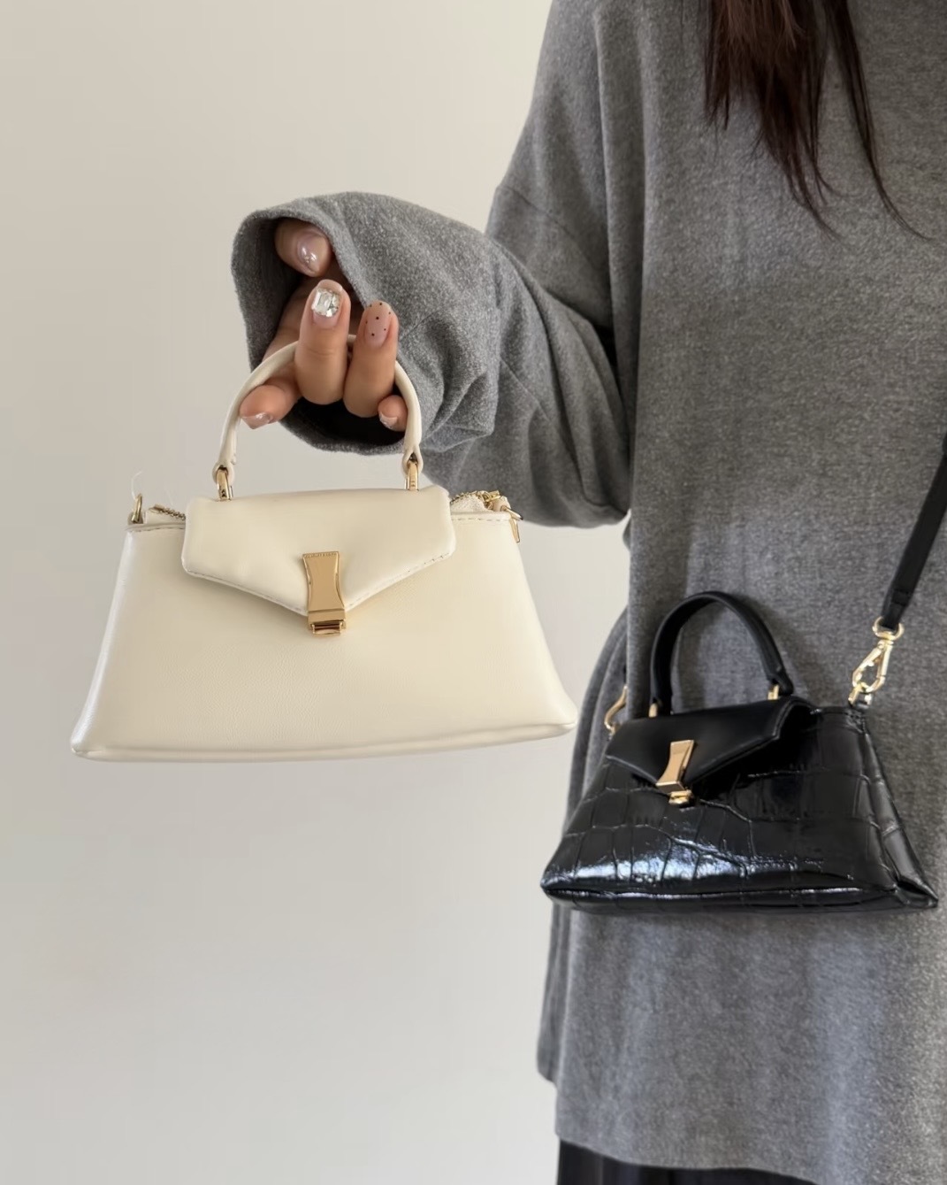 Charles & Keith Lilibet迷你包 黑色鱷魚紋 奶油白 金屬壓扣 小CK 手提包 側背包 小包 / 預購