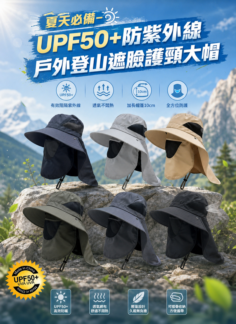 夏天必備-UPF50+防紫外線戶外登山遮臉護頸大帽 CA002
