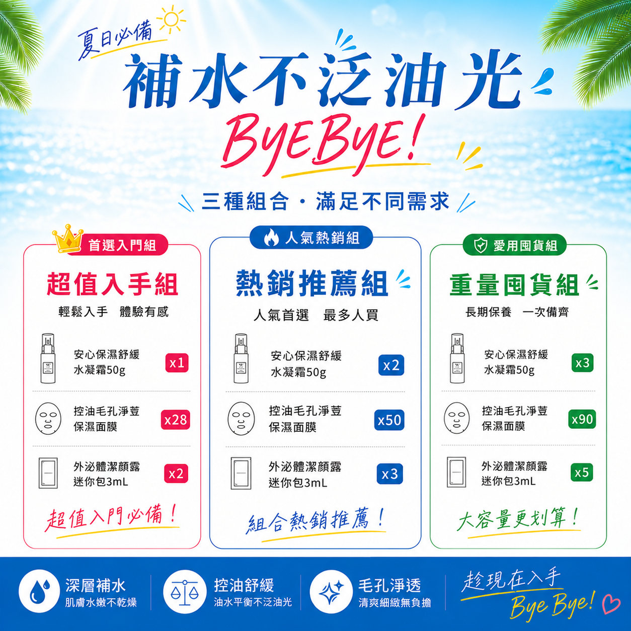 補水不泛油光｜熱銷推薦組 【安心保濕舒緩水凝霜50g×2＋控油毛孔淨荳保濕面膜50片＋外泌體潔顏露迷你包3mL×3】