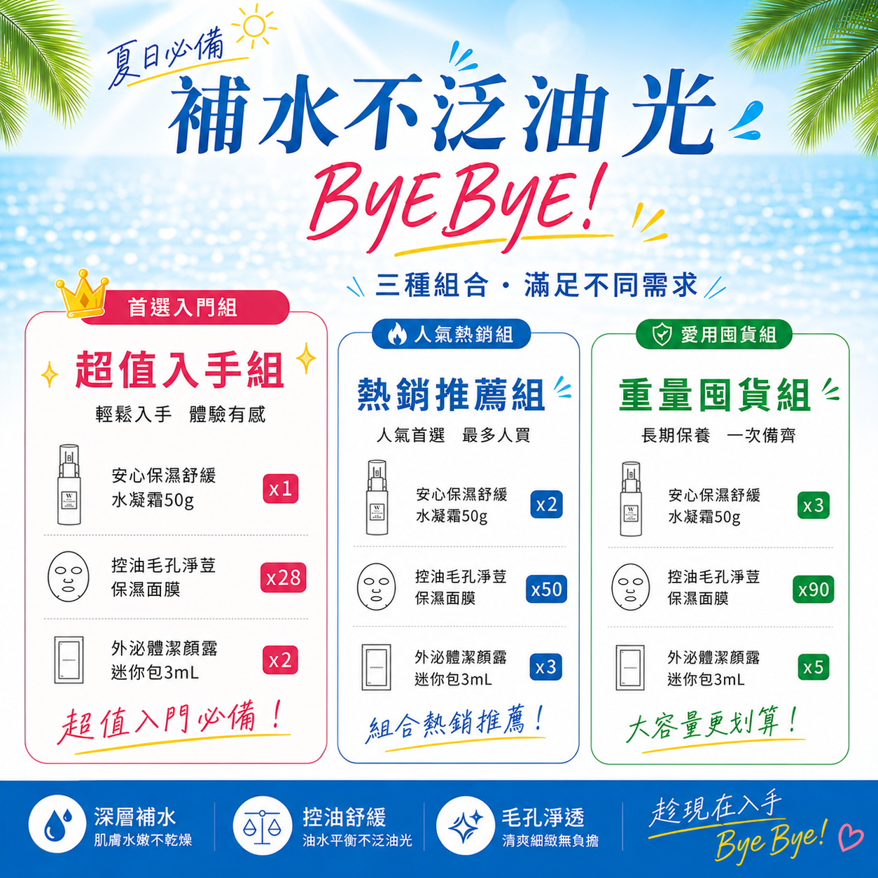 補水不泛油光｜超值入手組 【安心保濕舒緩水凝霜50g＋控油毛孔淨荳保濕面膜28片＋外泌體潔顏露迷你包3mL×2】