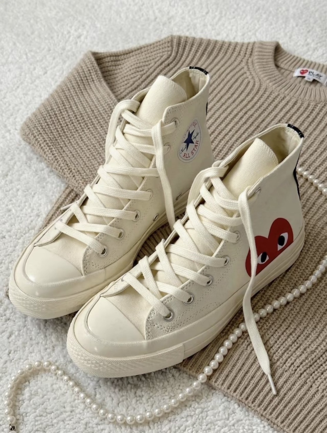 Converse x CDG PLAY 川久保玲 聯名款 Chuck 70 高筒 帆布鞋 米白大紅心 A08792C