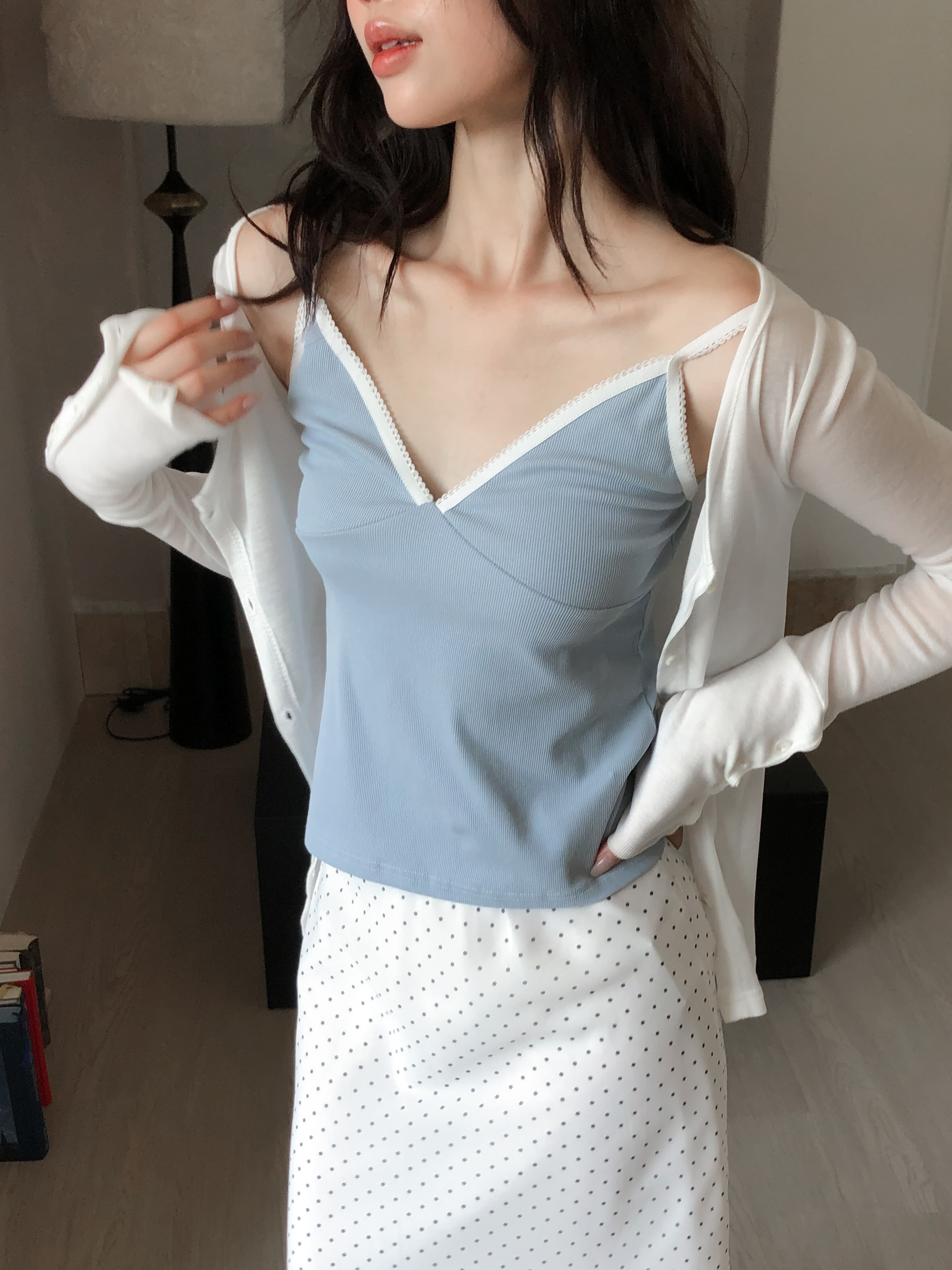 picot trim sleeveless tee #背心