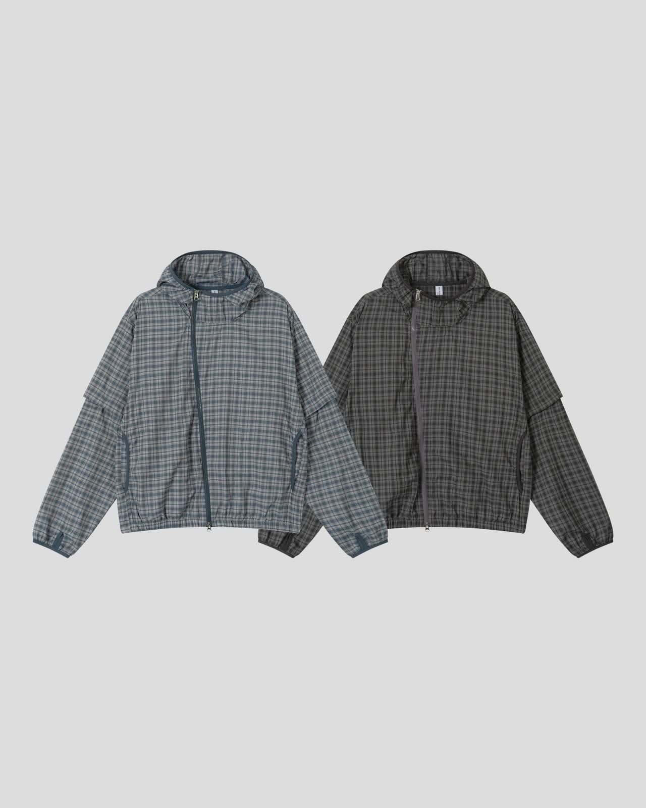 格仔連帽拉鍊外套(可拆袖) kds-031JK