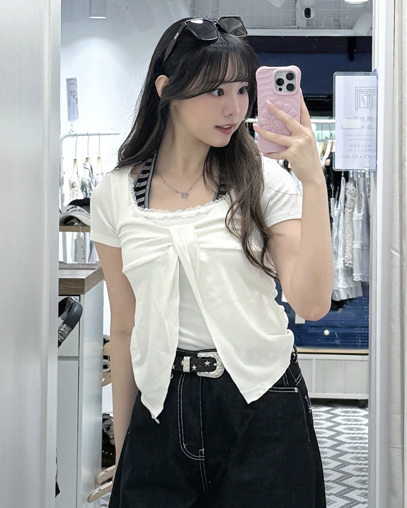 T1529｜小優美蕾絲拼接綁帶假兩件上衣ִֶָ 🦢་༘࿐