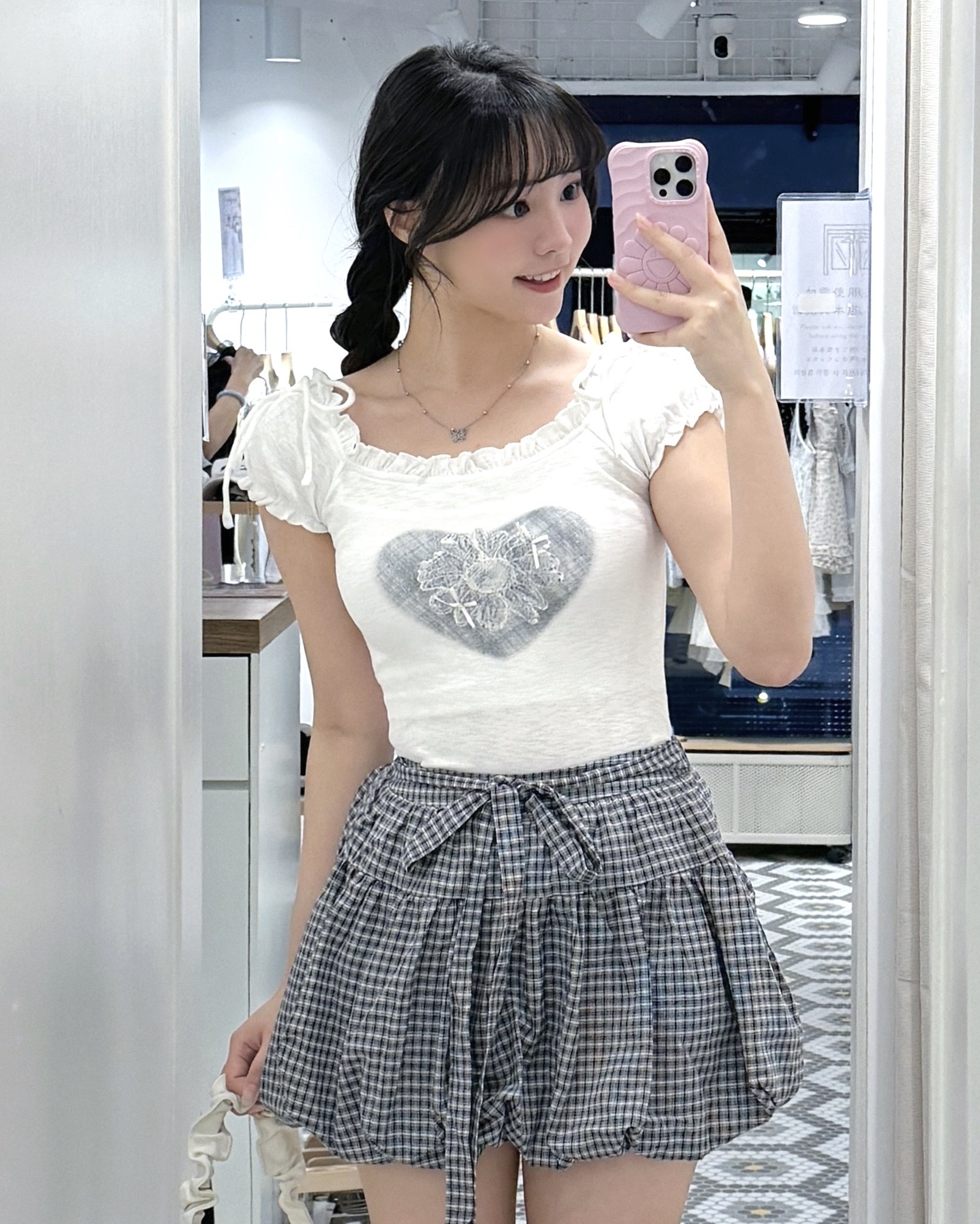 T1532｜格紋愛心蕾絲花朵荷葉邊抽繩一字肩上衣˚˖𓍢ִ໋💅🏻✧˚.