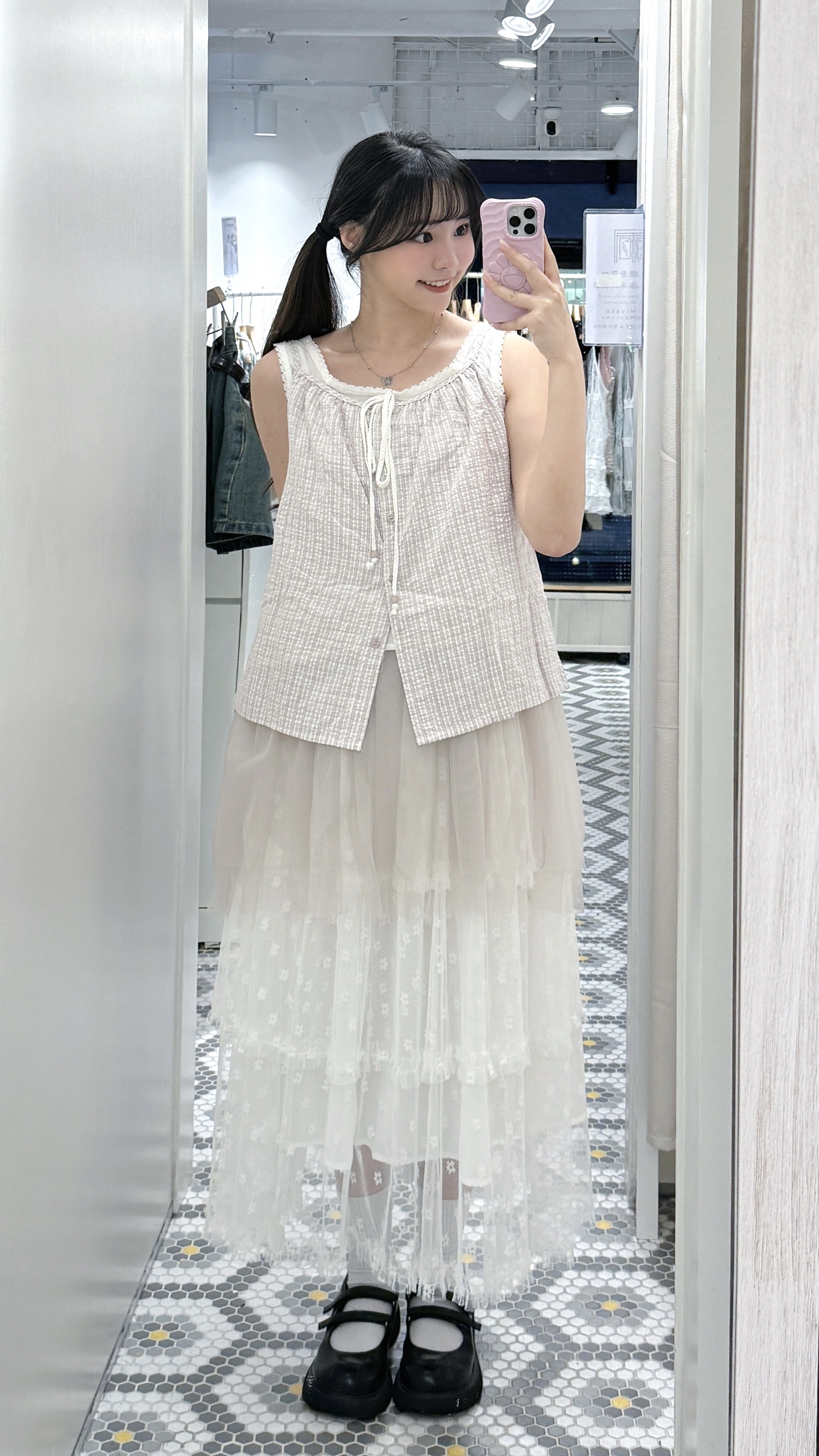 V0239｜日系清新細格紋索繩假兩件背心 ˖᯽ ݁˖