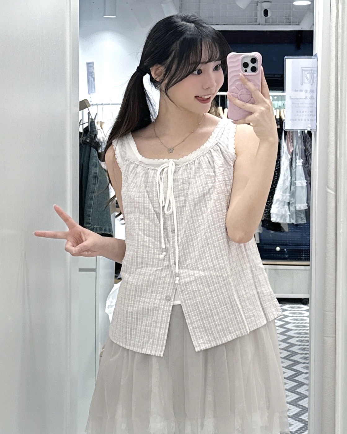V0239｜日系清新細格紋索繩假兩件背心 ˖᯽ ݁˖
