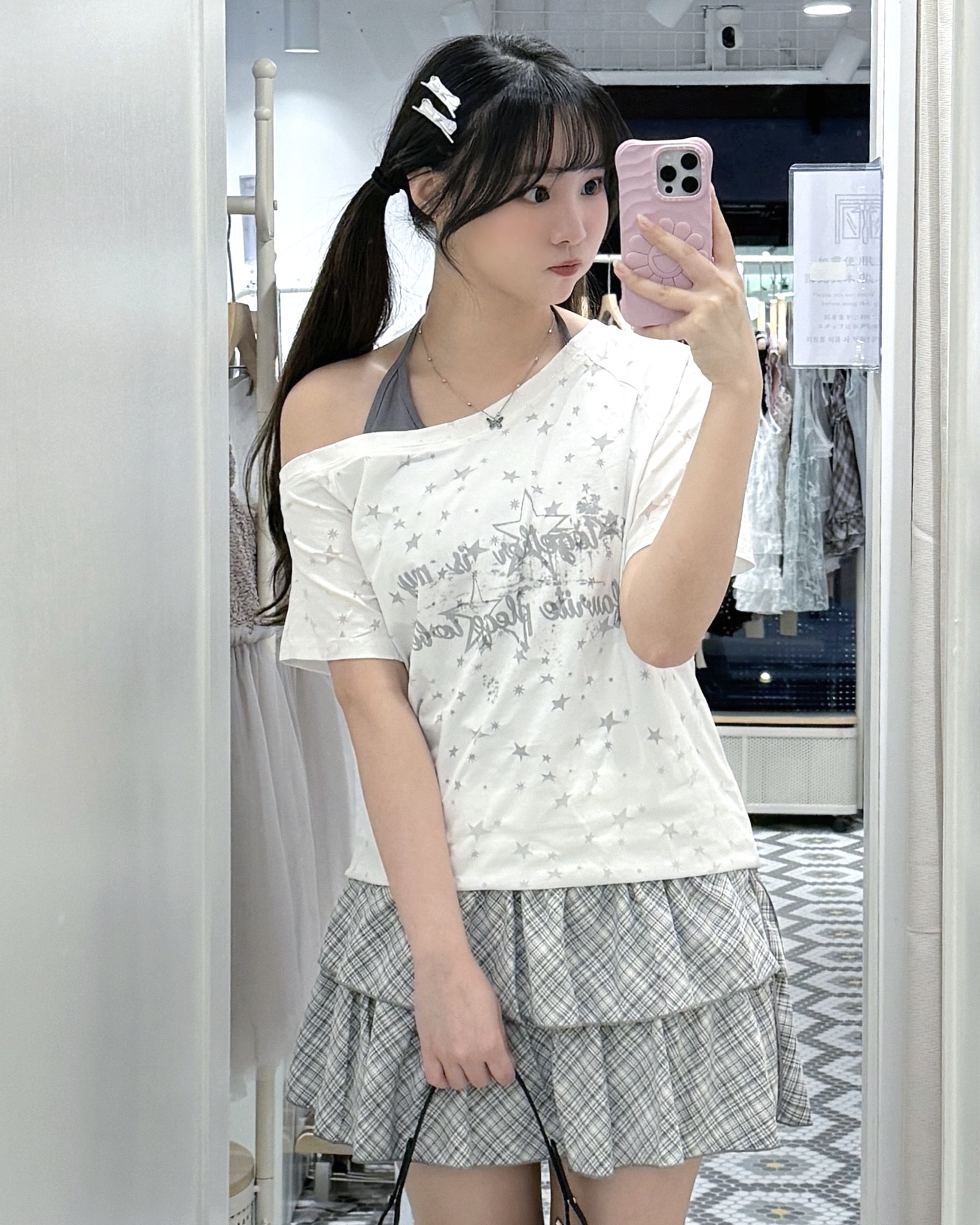 S0253｜Y2K🎧ྀི♪⋆.✮ 美式星星印花大圓領連掛頸吊帶SET