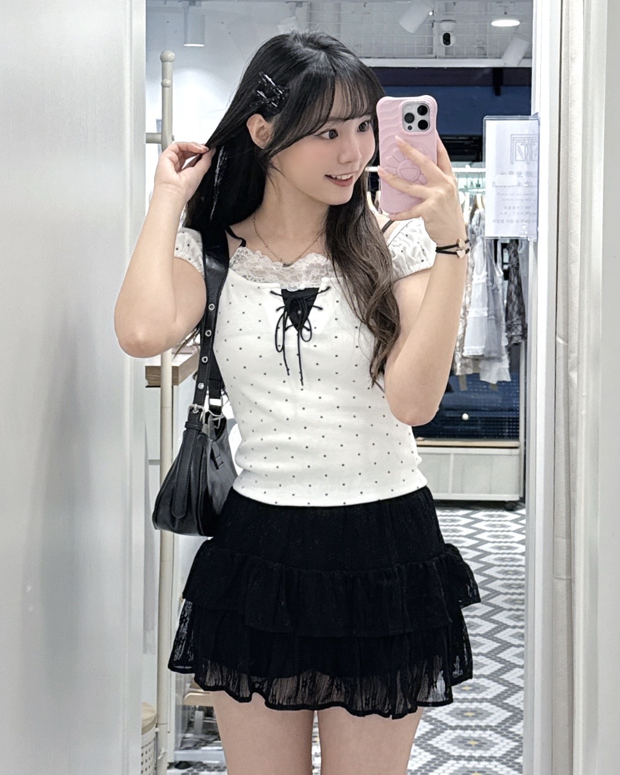 JP1248｜女友成熟感波點蕾絲綁帶假兩件上衣ꫂ᭪݁ 🐈‍⬛🎶
