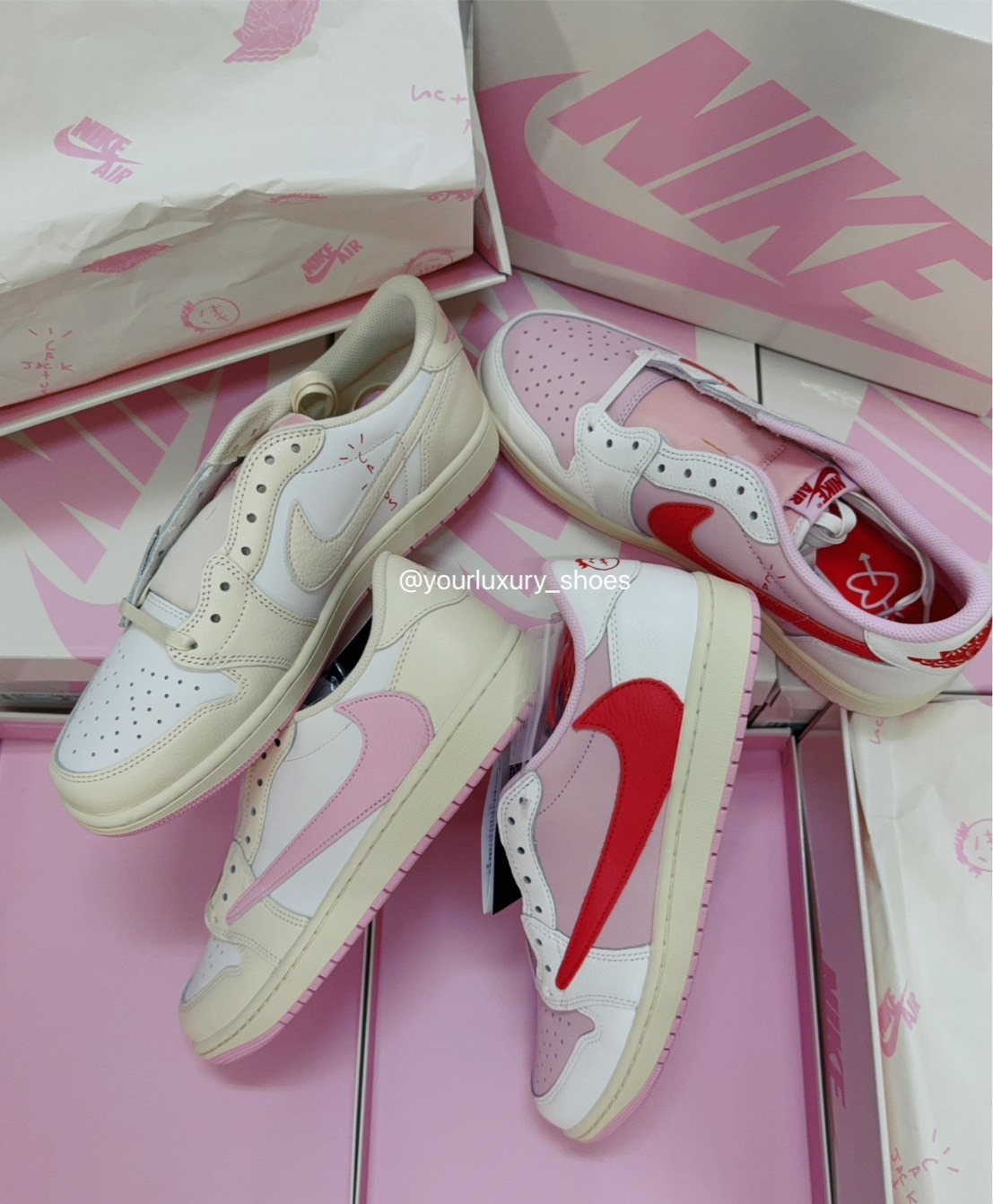 【Luxury 】Travis Scott x Air Jordan 1 Retro Low OG Tropical Pink 兩色 桃粉 紅鉤 粉 淺粉 倒鉤 倒勾 IQ7604-101 IQ7604-100 限量聯名 潮鞋 倒勾