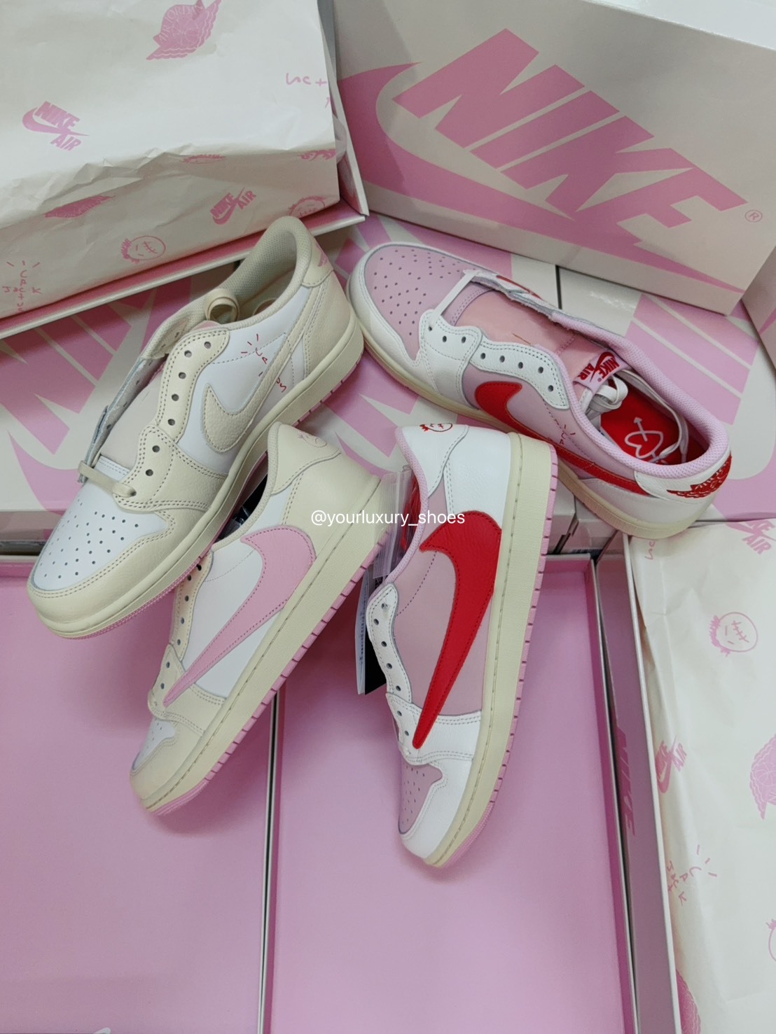 【Luxury 】Travis Scott x Air Jordan 1 Retro Low OG Tropical Pink 兩色 桃粉 紅鉤 粉 淺粉 倒鉤 倒勾 IQ7604-101 IQ7604-100 限量聯名 潮鞋 倒勾