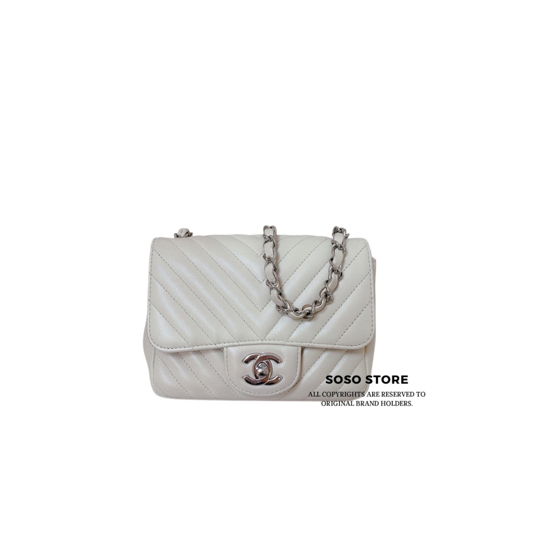 Chanel Mini Square Chevron Flap Bag - Beige / SHW