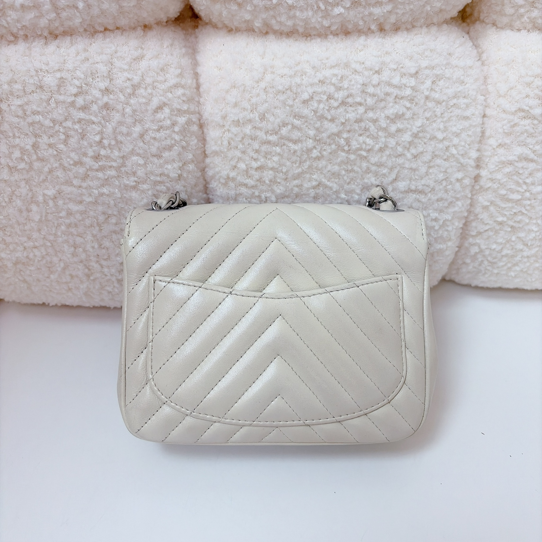 Chanel Mini Square Chevron Flap Bag - Beige / SHW
