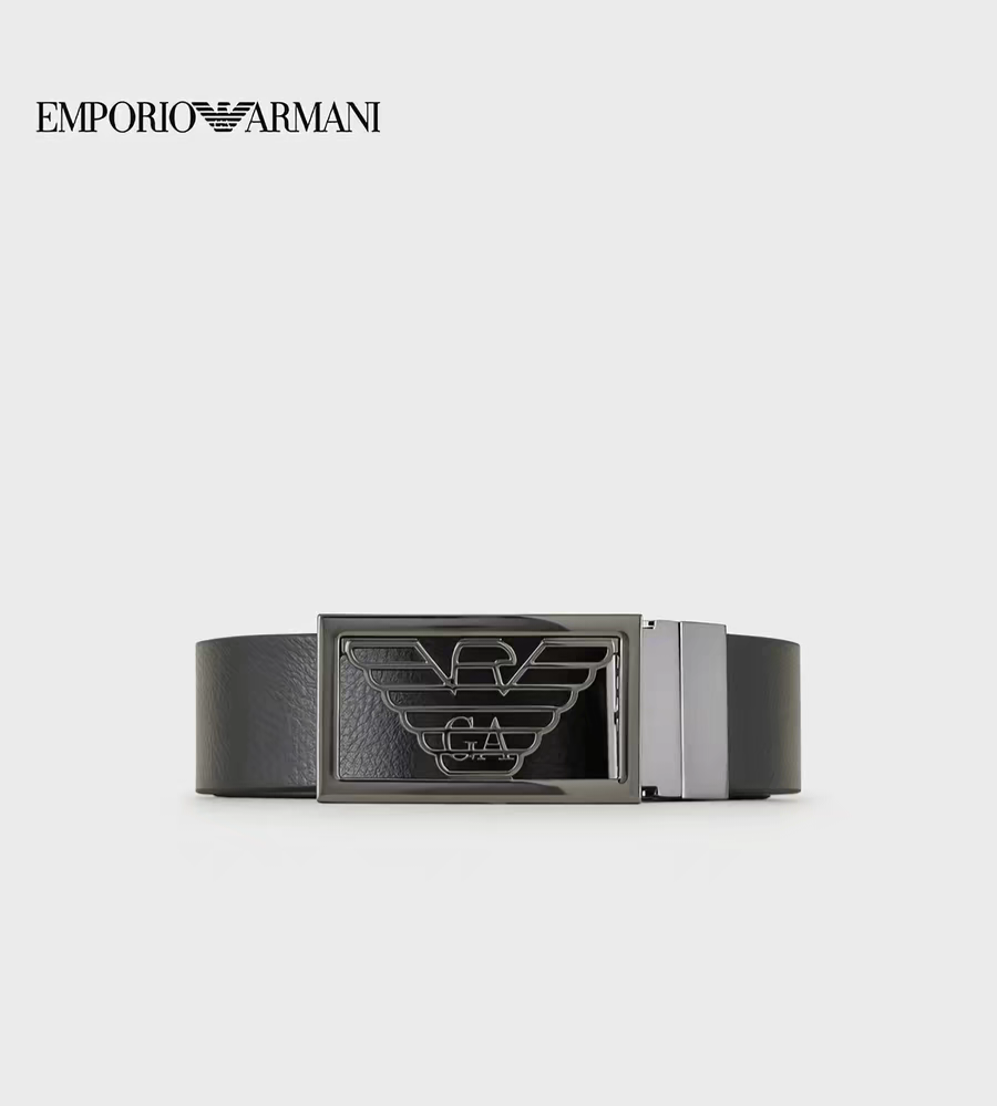 ARMANI 男款黑皮帶 併 黑飛鷹扣