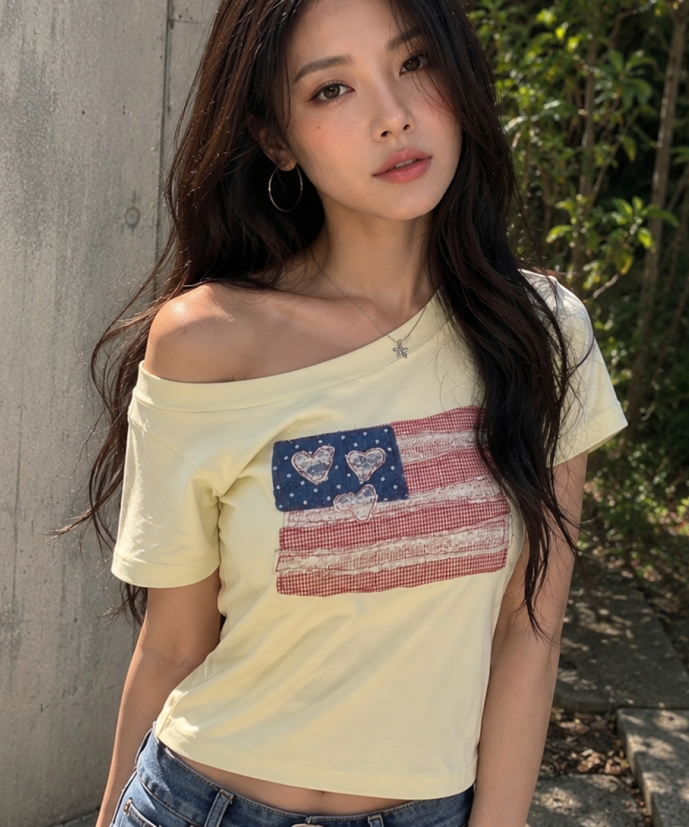 ROGIN N ROSIE 美式印字單肩蕾絲綁帶上衣 260213_9