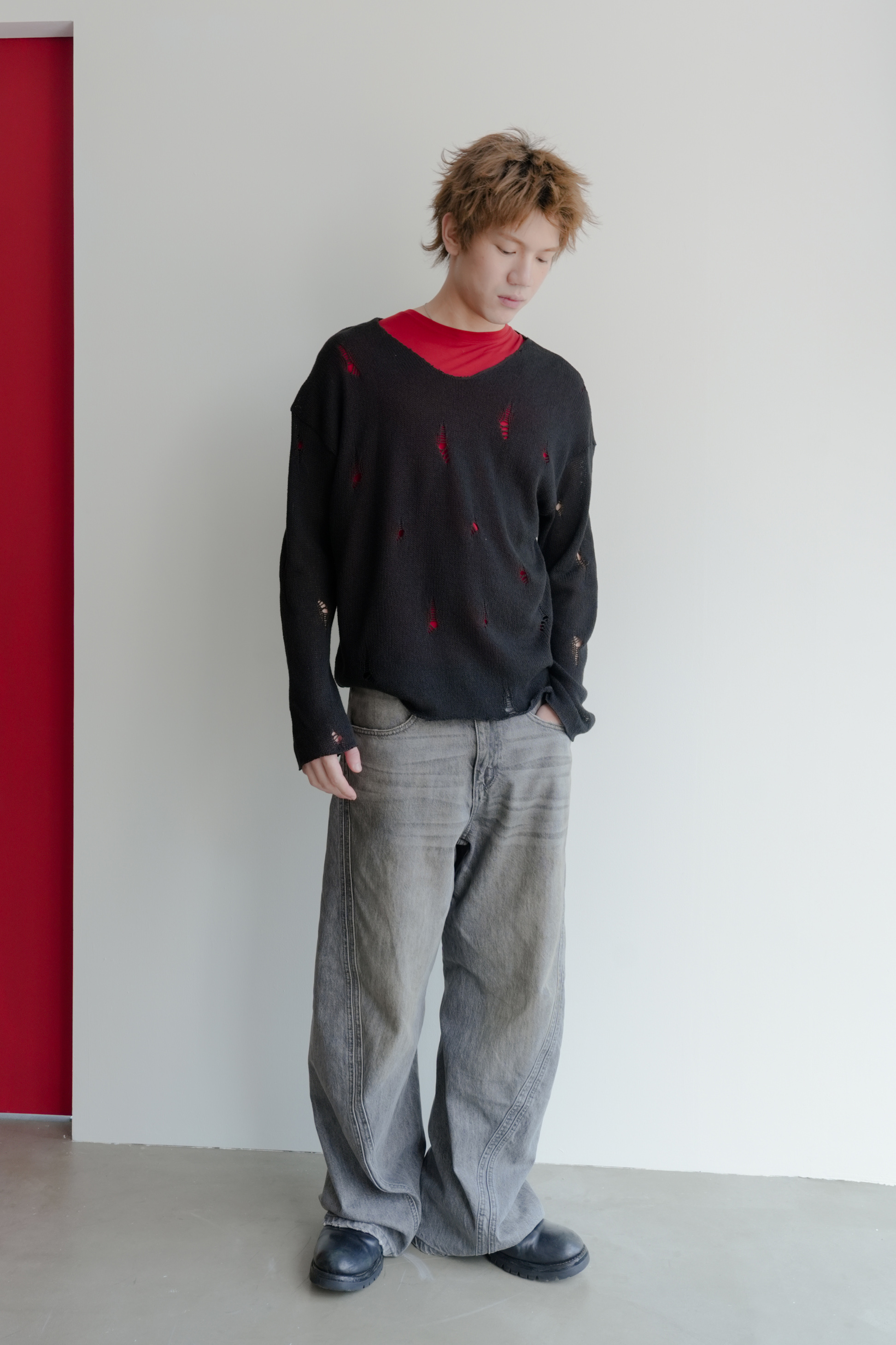 damage sheer raw-edge knit #上衣