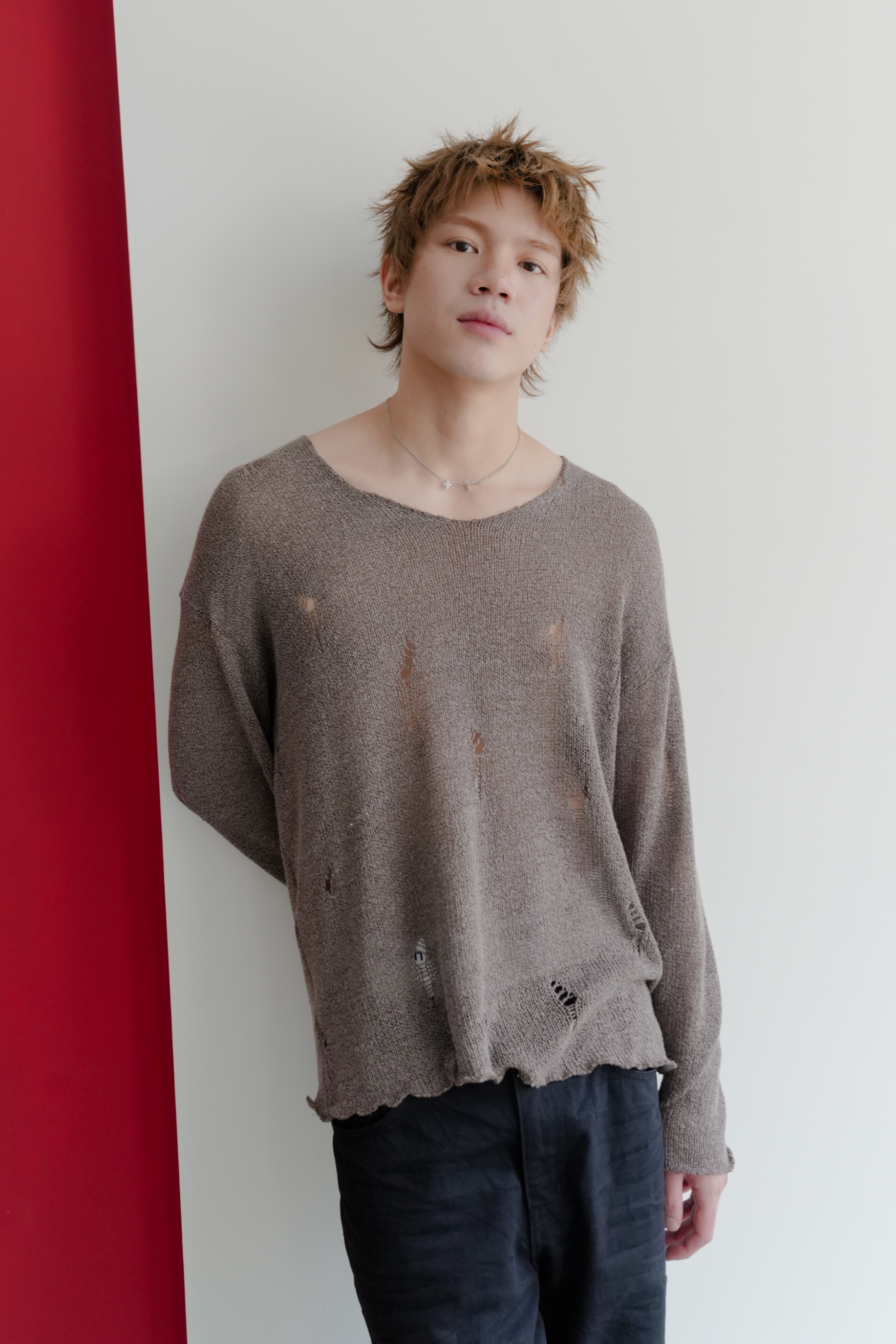 damage sheer raw-edge knit #上衣