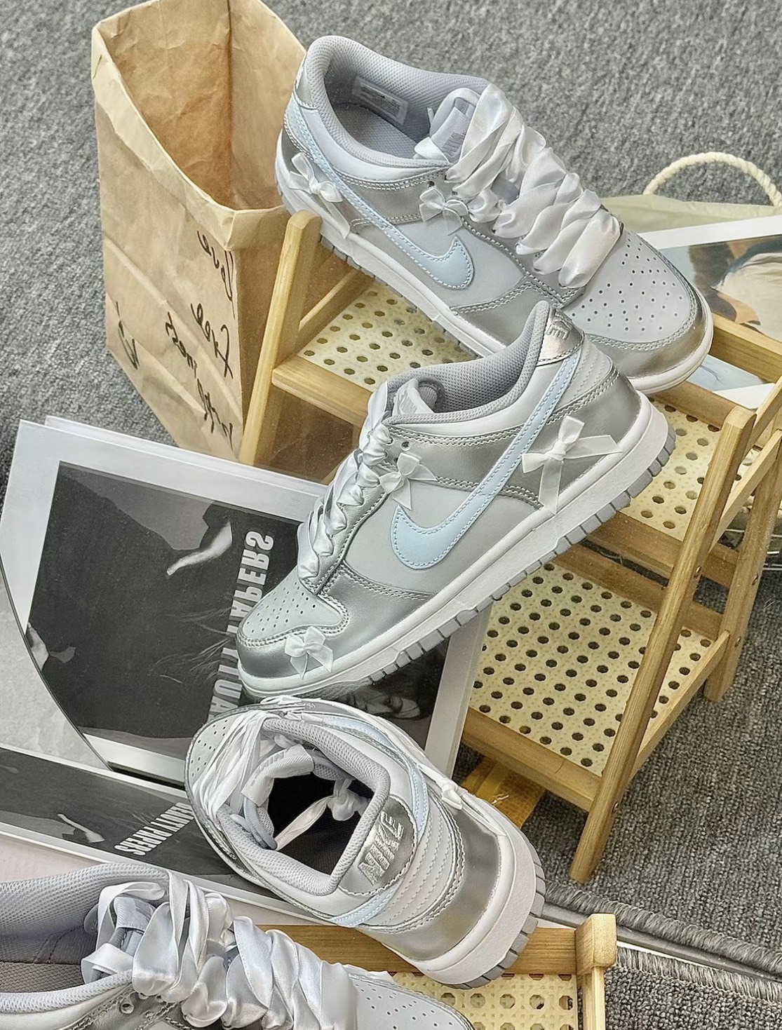 【訂製鞋款】NIKE DUNK LOW 灰白銀 銀翼冰茶 少女 百搭 蝴蝶結 緞帶 大童 DH9765-001(Team920-銀翼冰茶)