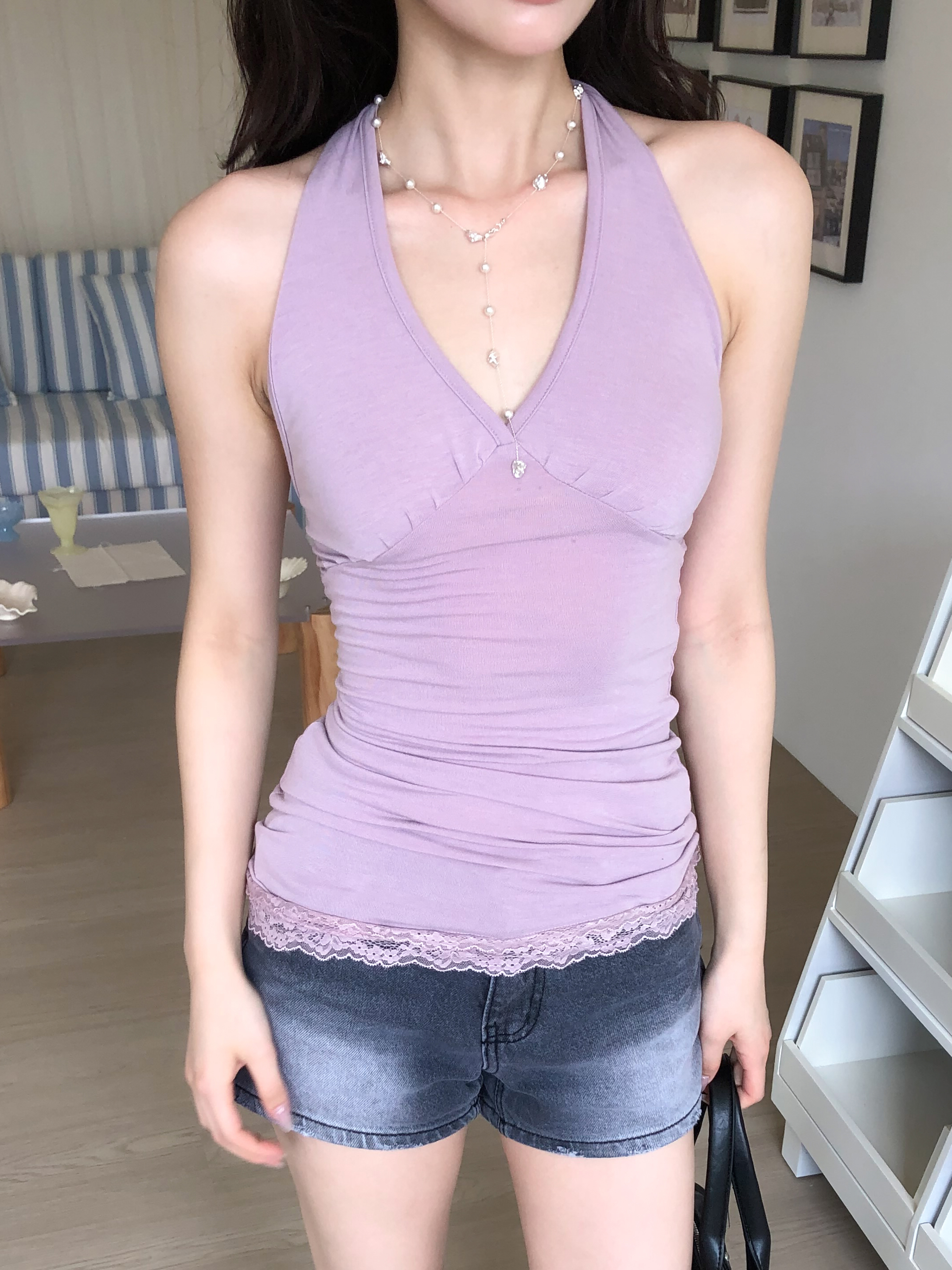 purple halter lace sleeveless #背心