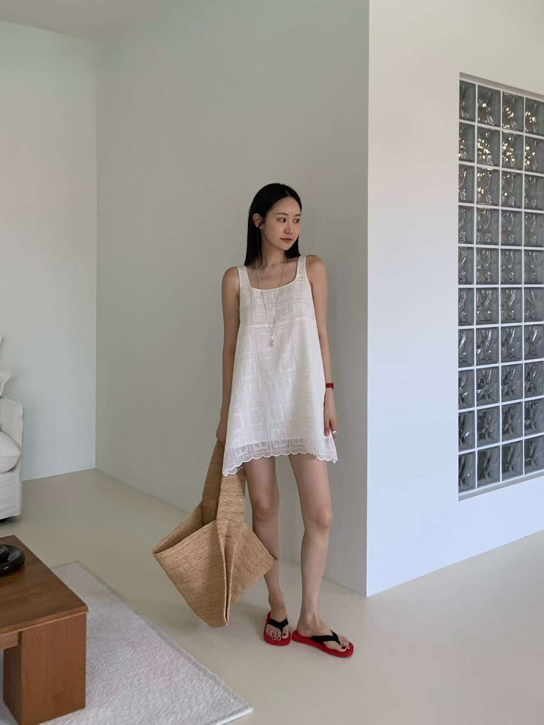 蕾絲方框紋背心洋裝