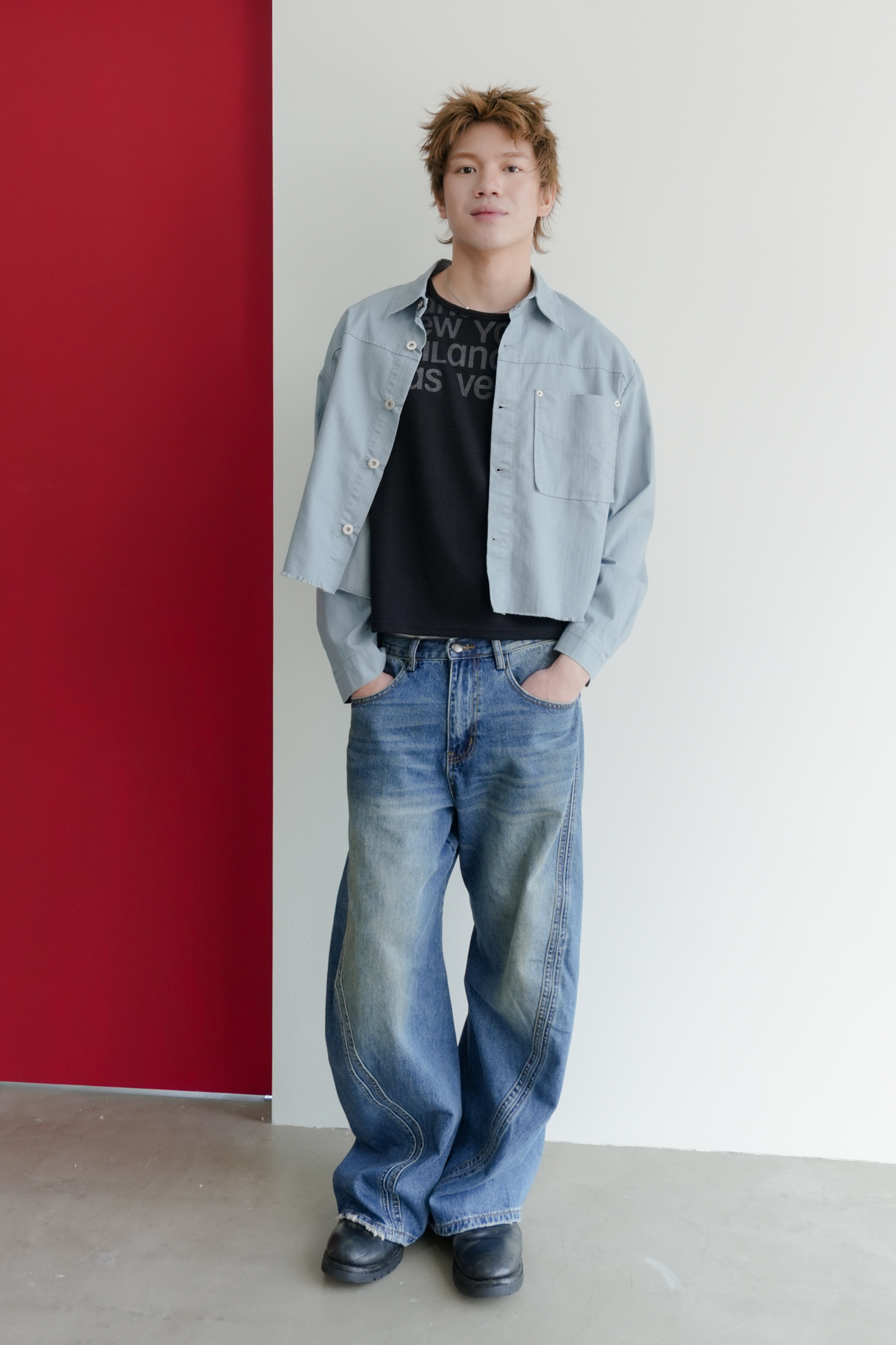 linen denim rivet cropped shirt jacket #外套