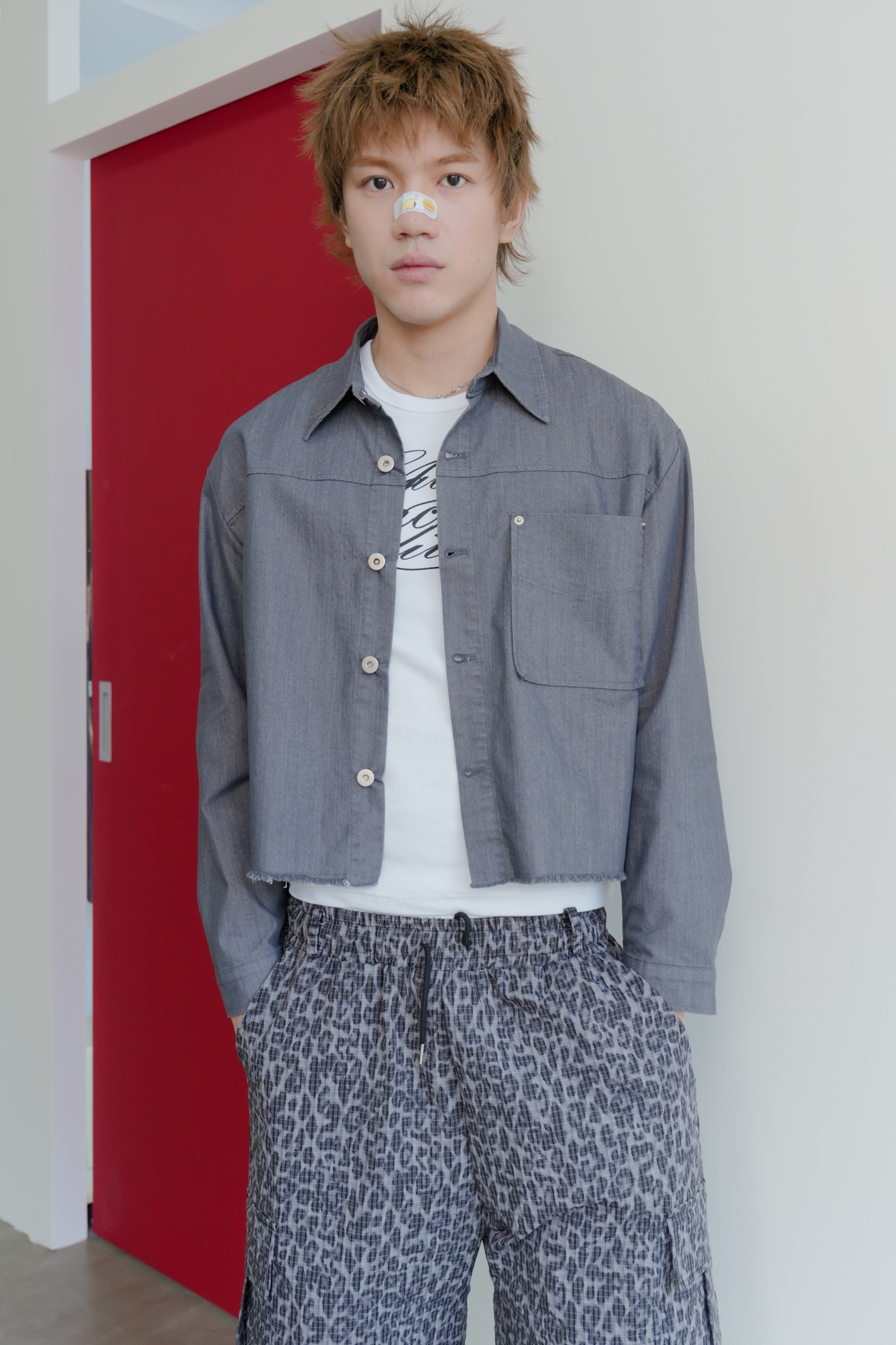 linen denim rivet cropped shirt jacket #外套