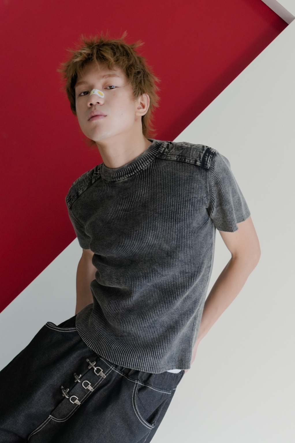 shoulder garment washed knit tee #上衣