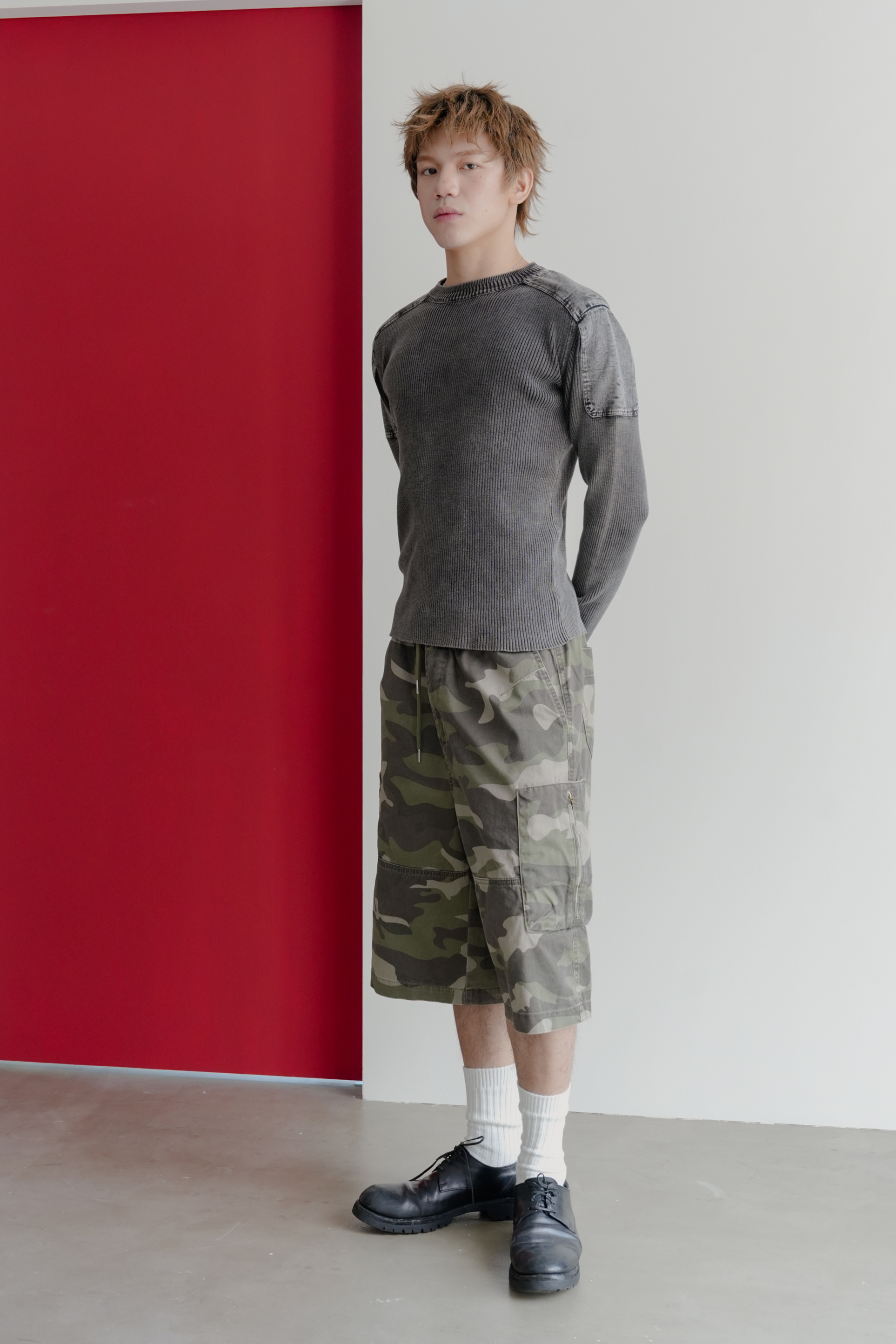 shoulder panel garment washed knit #上衣