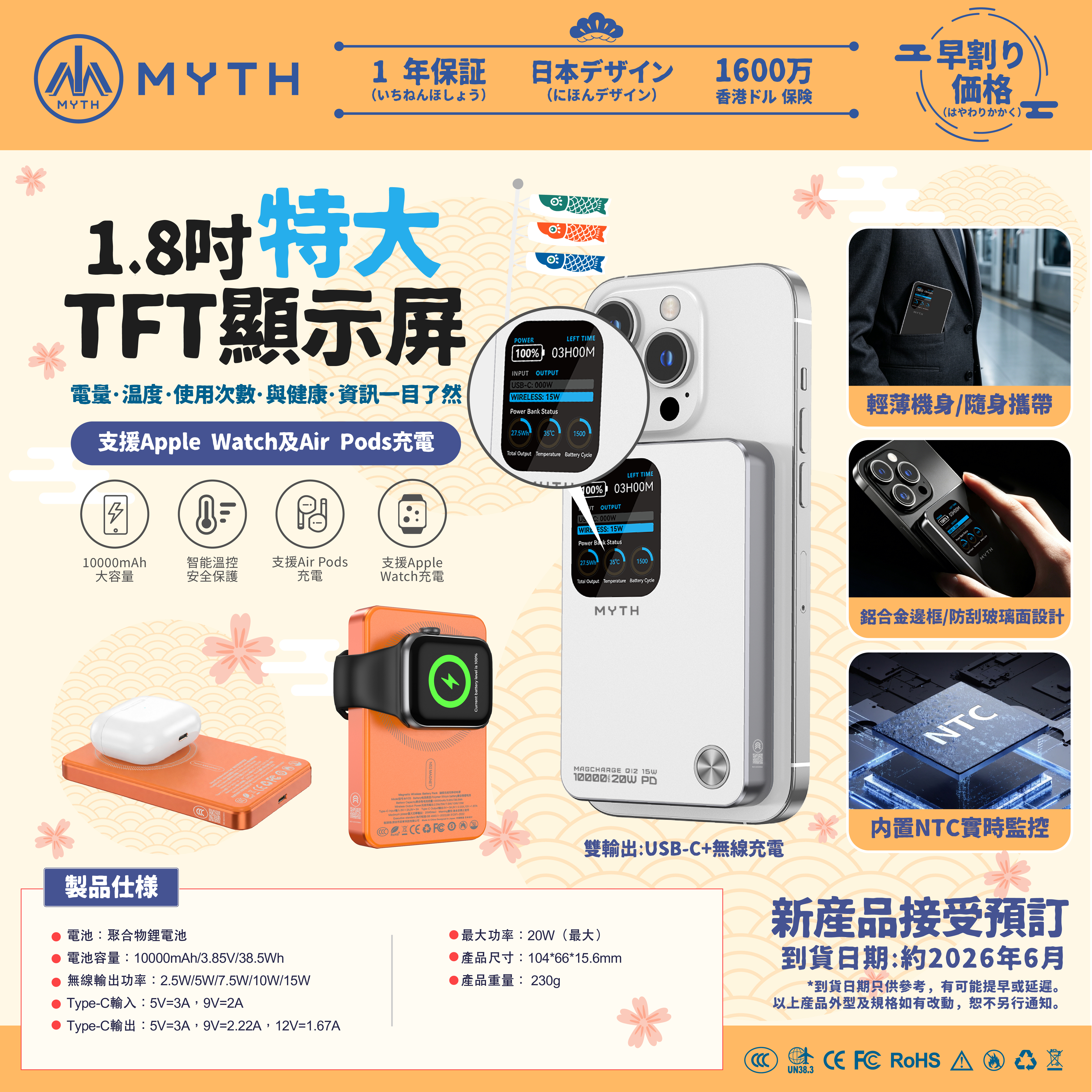 (預售產品)(3C可追溯二維碼)Myth MY25  3合1 PD20W Q12移動電源10000mAh 磁吸15 | 1.8寸特大FTF顯示屏