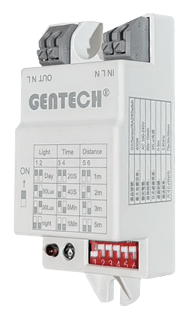 GENTECH 微波感應電源盒六鍵撥碼與輸入輸出端子外觀