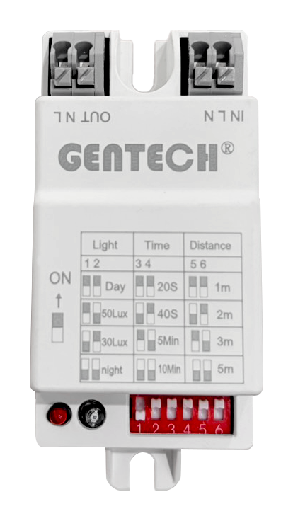 GENTECH 微波感應電源盒正面端子指示燈與六鍵撥碼設定區
