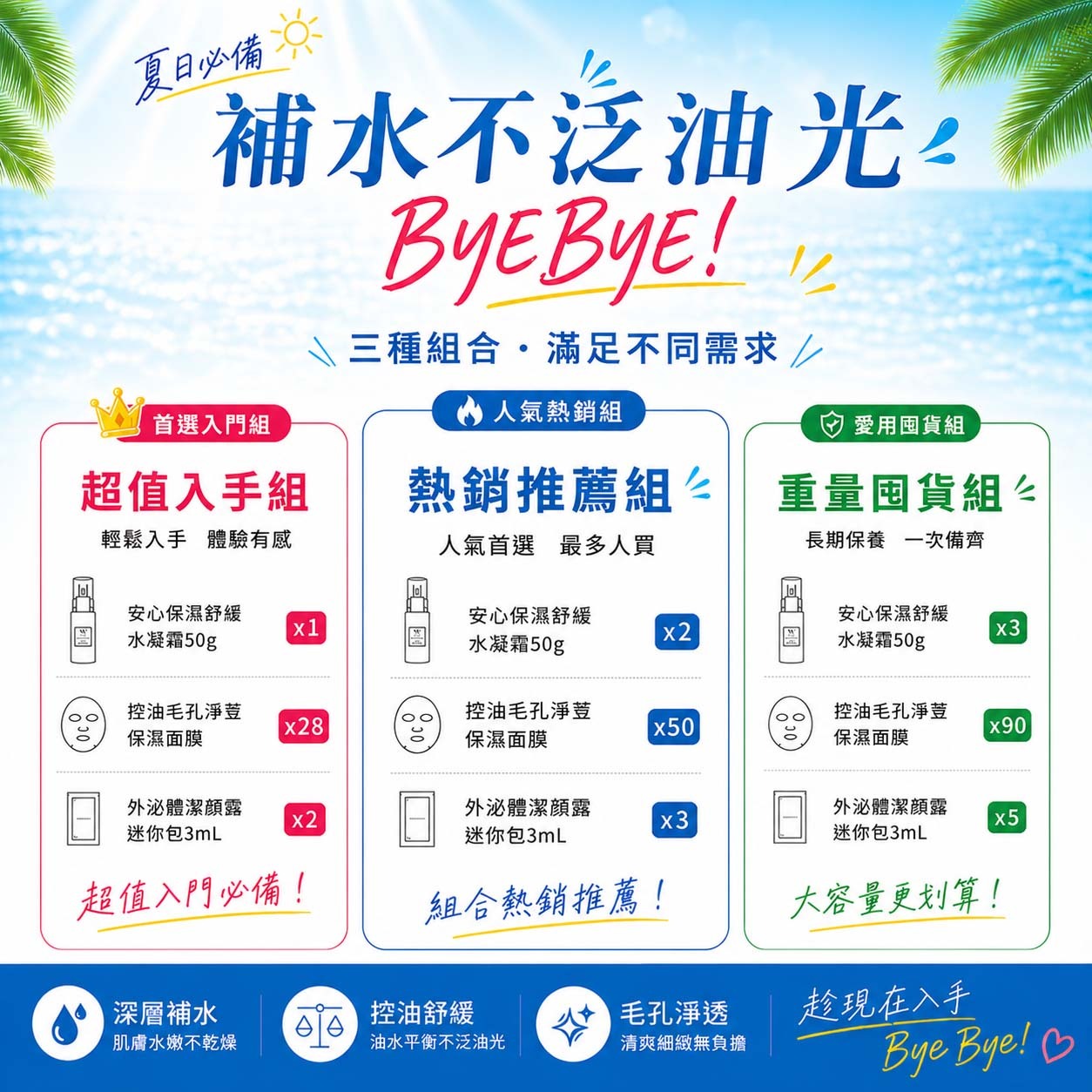 補水不泛油光｜熱銷推薦組 【安心保濕舒緩水凝霜50g×2＋控油毛孔淨荳保濕面膜50片＋外泌體潔顏露迷你包3mL×3】