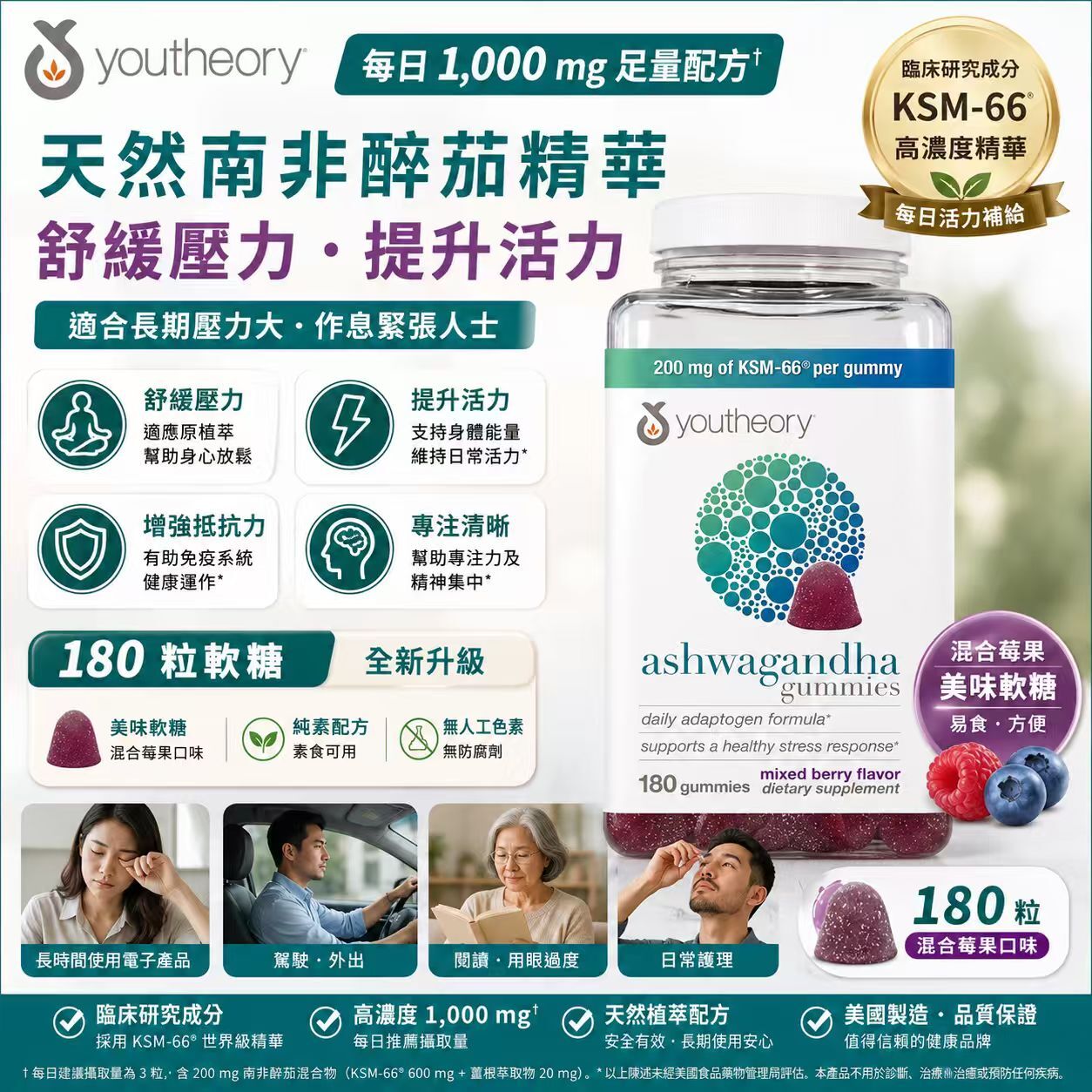 【預購】H061129 youtheory 南非醉茄軟糖 混合莓果味 (180粒裝)