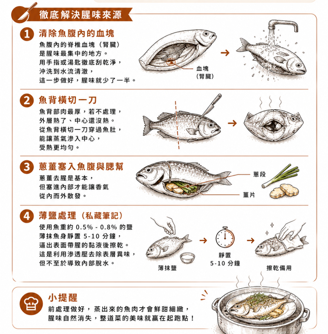 清蒸魚前處理:徹底刮除魚腹脊椎血塊,魚背切刀提升熱傳導
