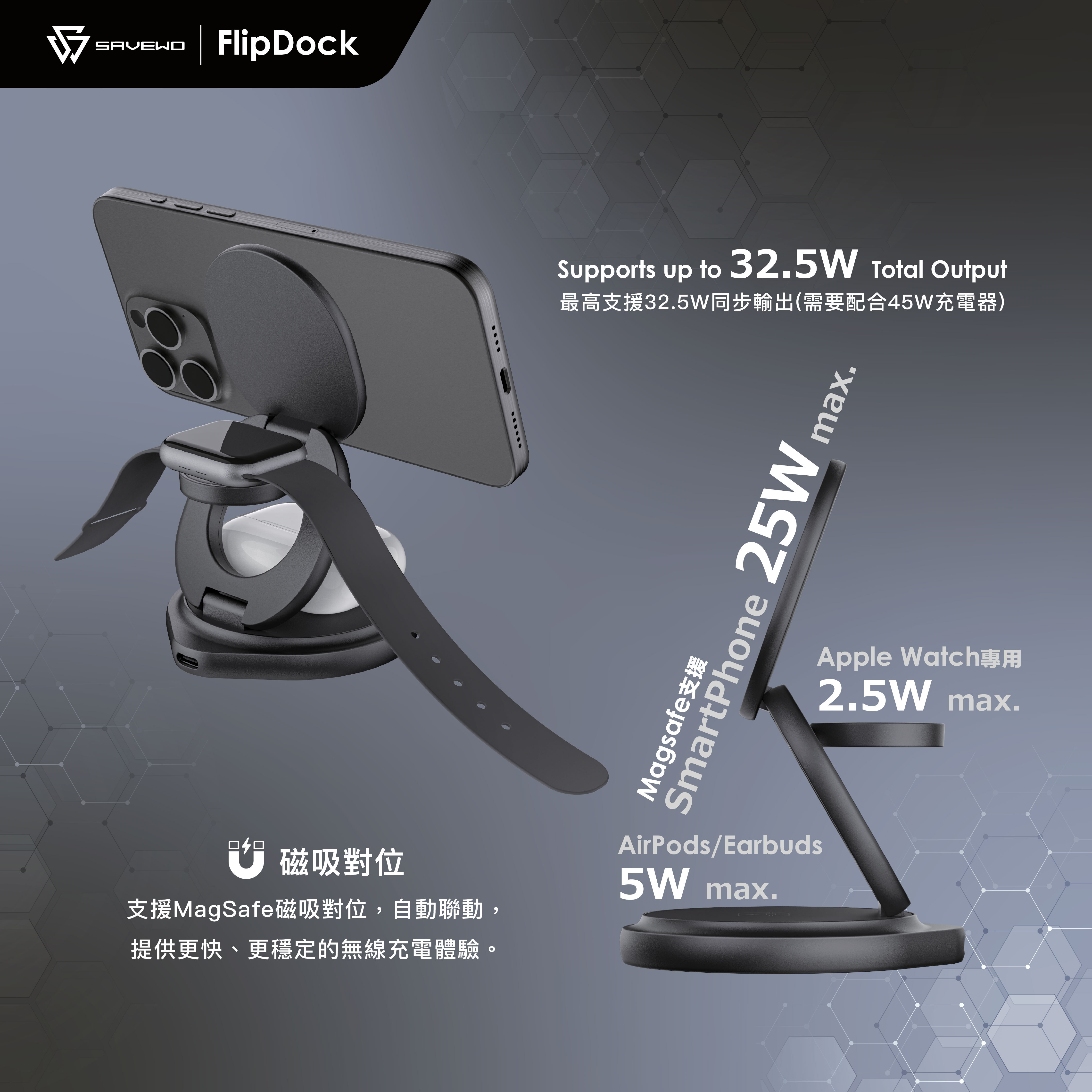 SAVEWO FlipDock Plus Qi2 25W 三合一磁吸摺疊旋轉無線充電座