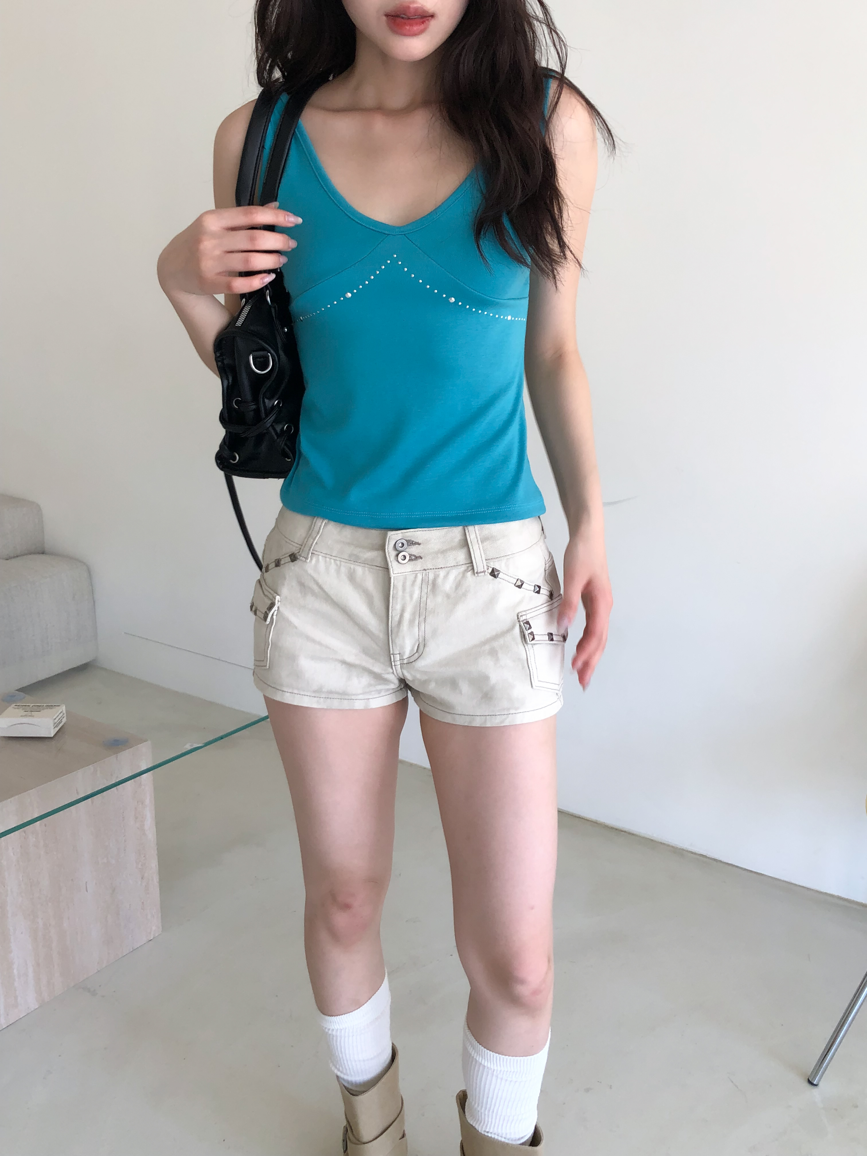 stud water-dyed hot pants #短褲