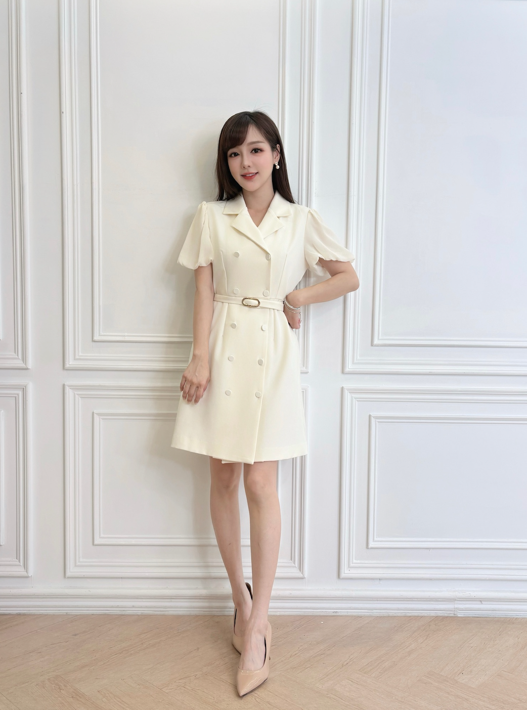 歐美短澎袖雙排釦腰帶合身洋裝