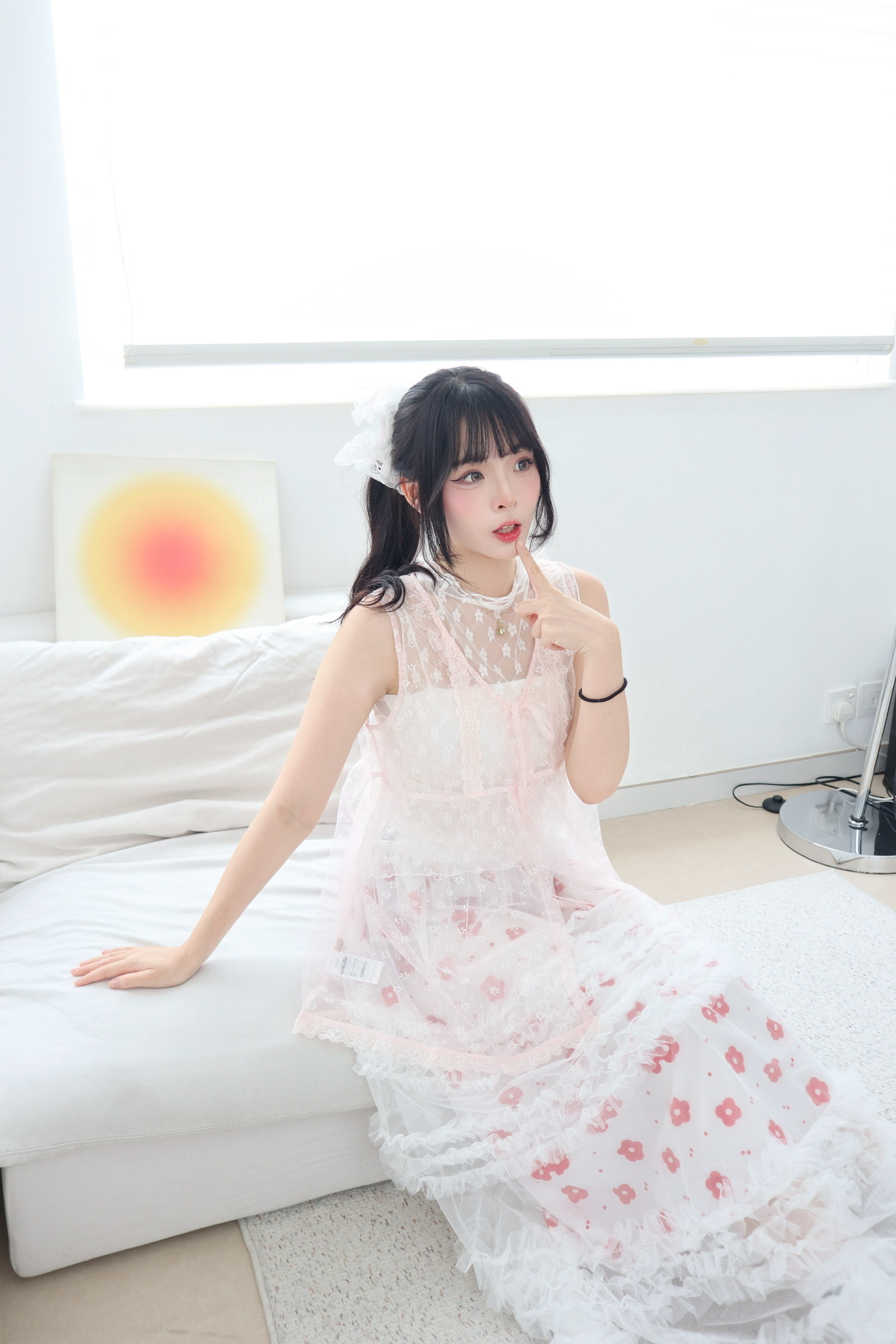 疊穿~小雛菊蕾絲邊微透網紗外罩Outer 三色入