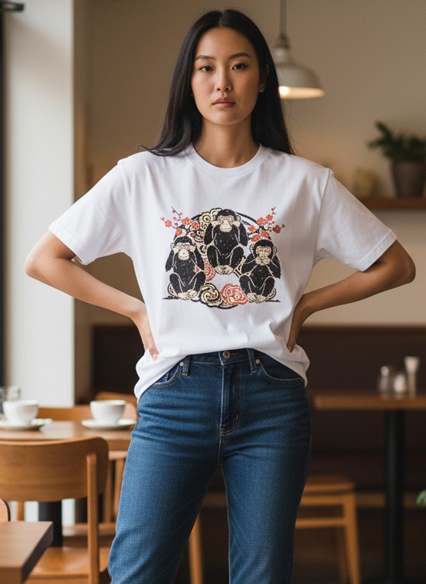 三不猴手繪插畫棉T★日式復古動物印花短袖・純棉舒適百搭。