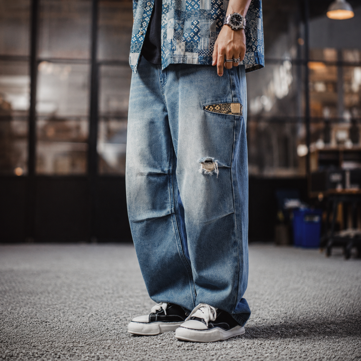 古布印花拼接闊腿傘兵牛仔褲