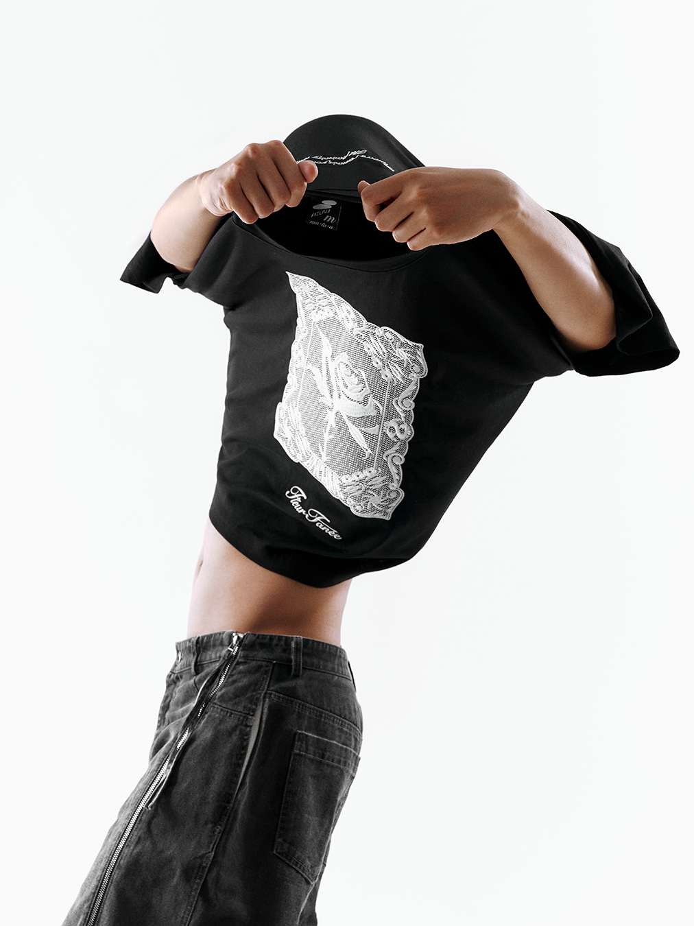 ENCLAVE LACE-LOOKED EMBROIDERED SHORT-SLEEVE “JUST LIKE T” TEE