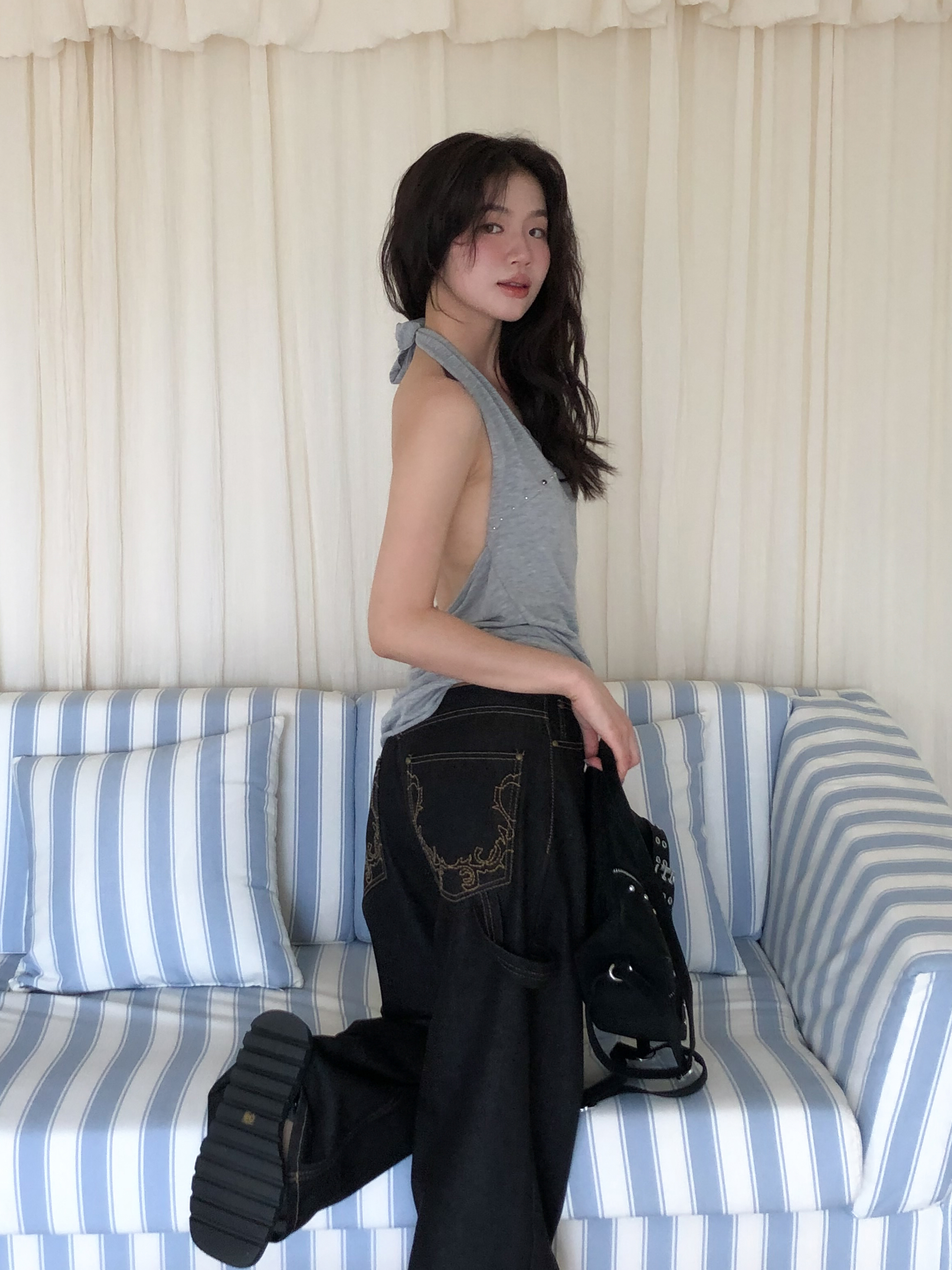 twist denim wide pants #長褲