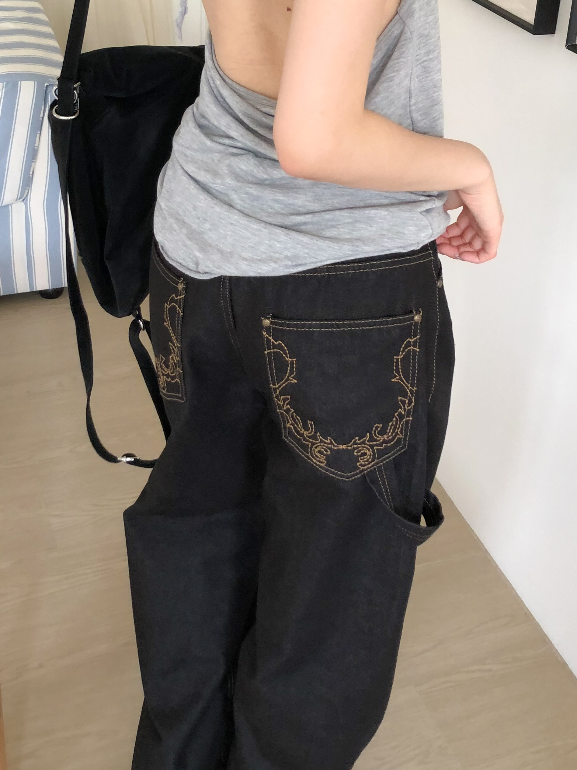 twist denim wide pants #長褲