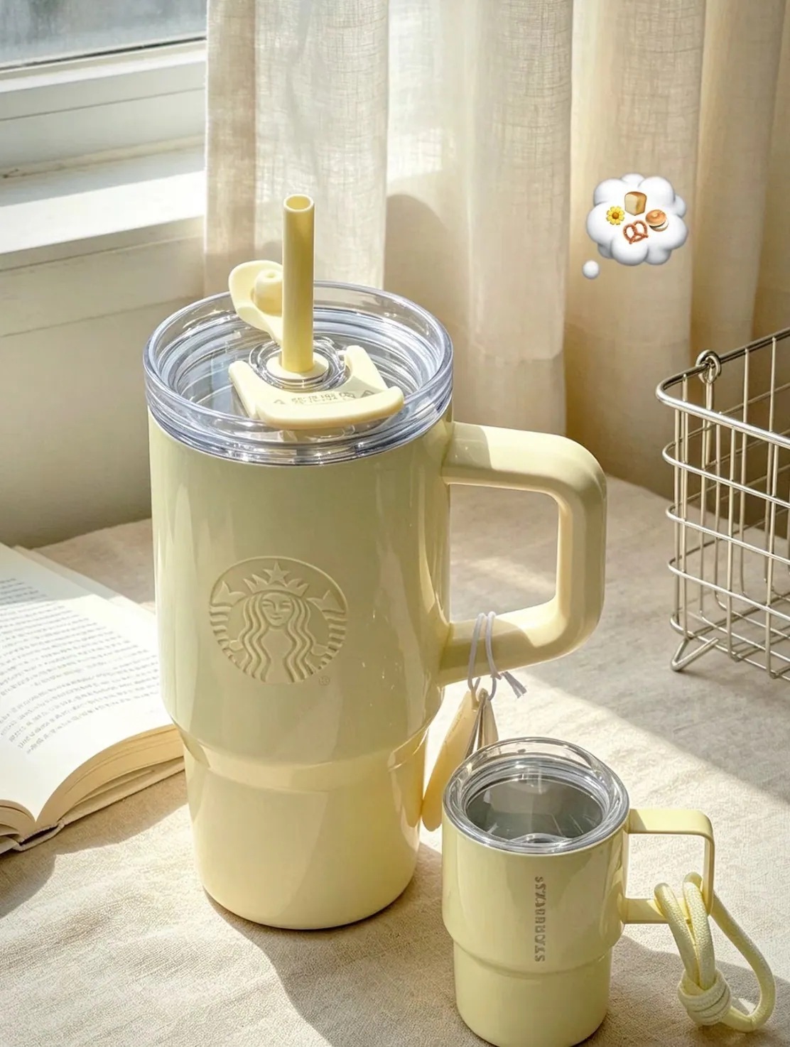 【逢甲FUZZY】星巴克 Starbucks 心情氣象局系列 不鏽鋼雙飲口杯 + 迷你杯掛 奶油黃 冰壩杯 615ml